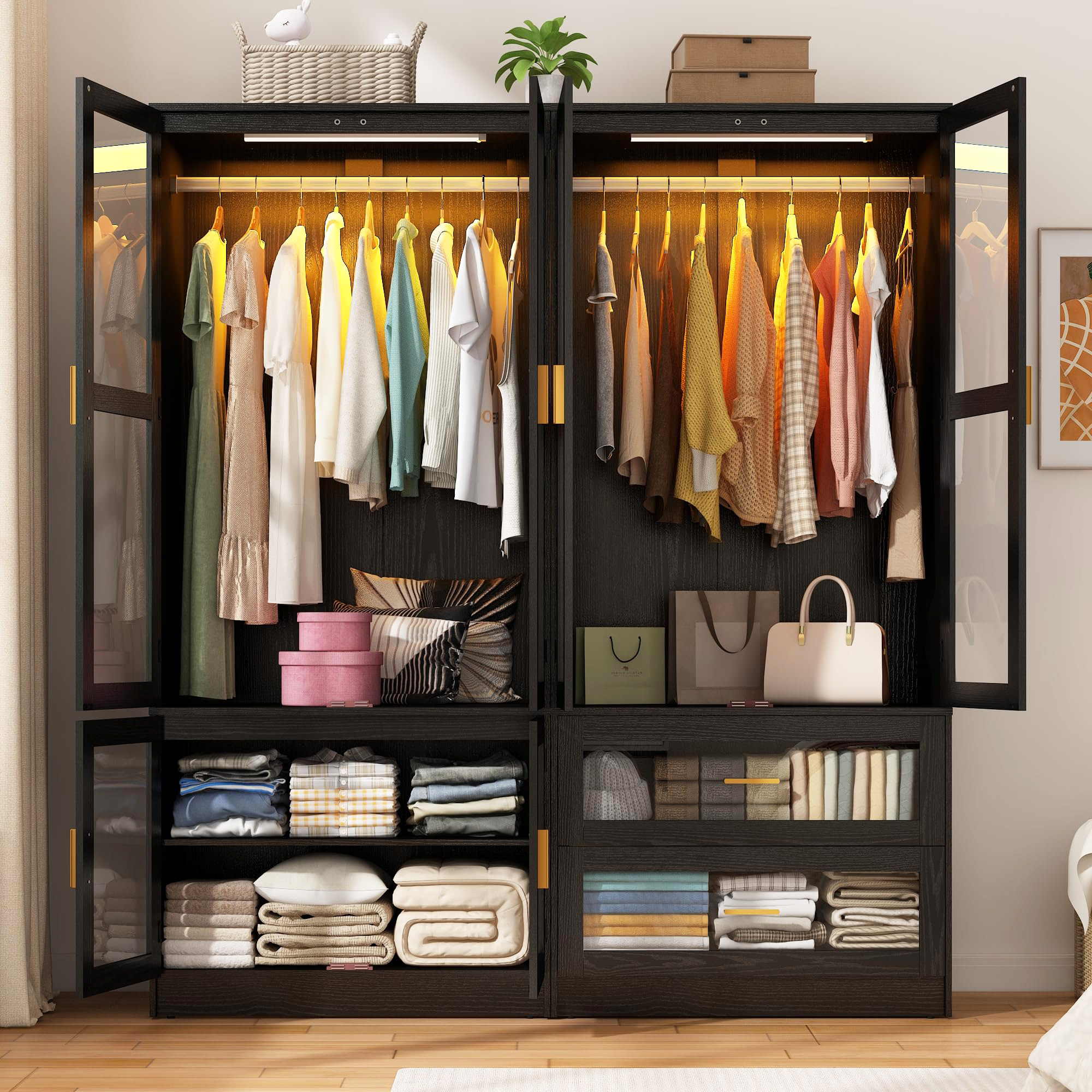 4 Glass Door Armoire Wardrobe Closet with Mirror & LED