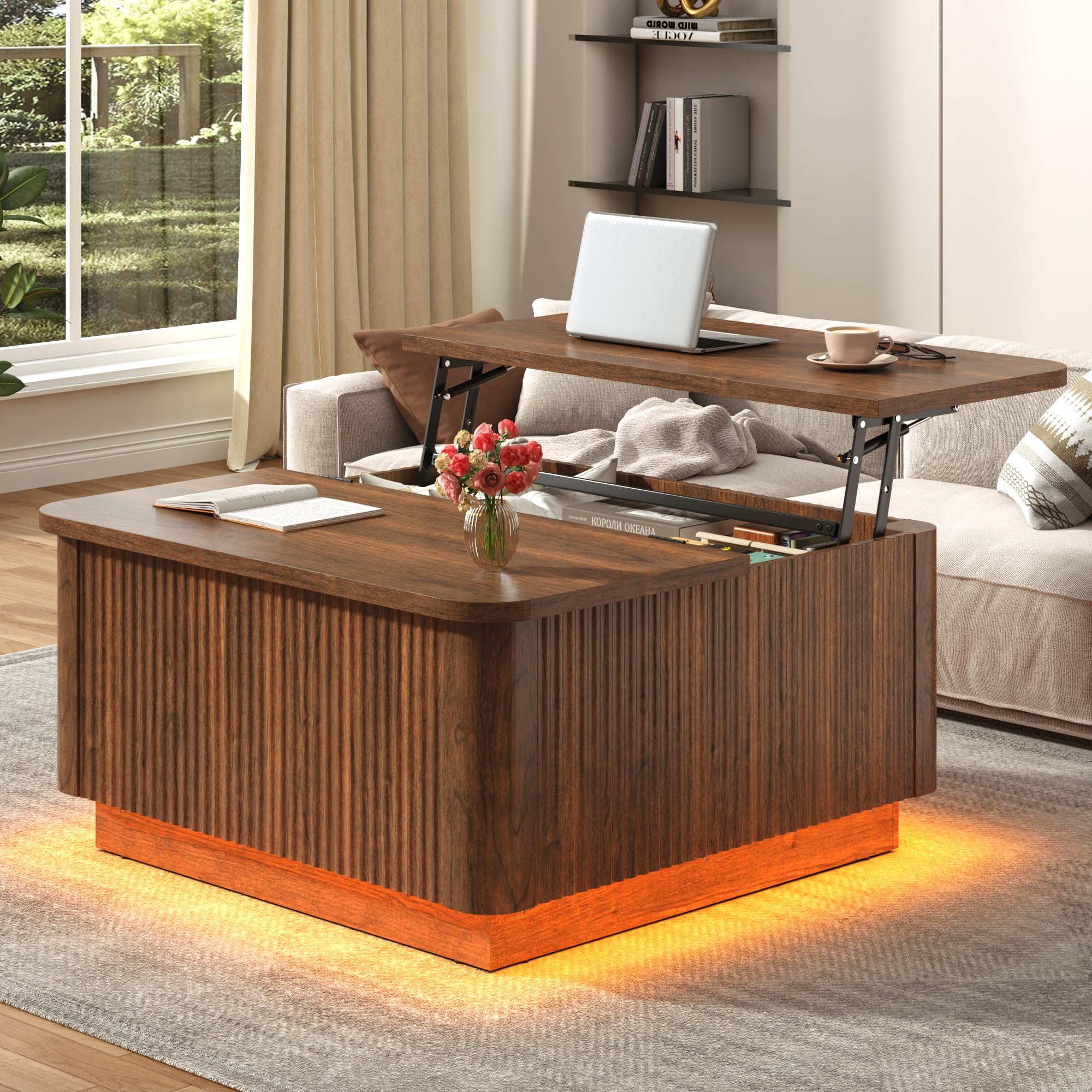 Blotout 35.4" Square Fluted Coffee Table with Lift Top and LED Lights, Wood Curved Design Center Table for Living Room, Modern Multi-Function Coffee Table with Large Hidden Space for Home,Office