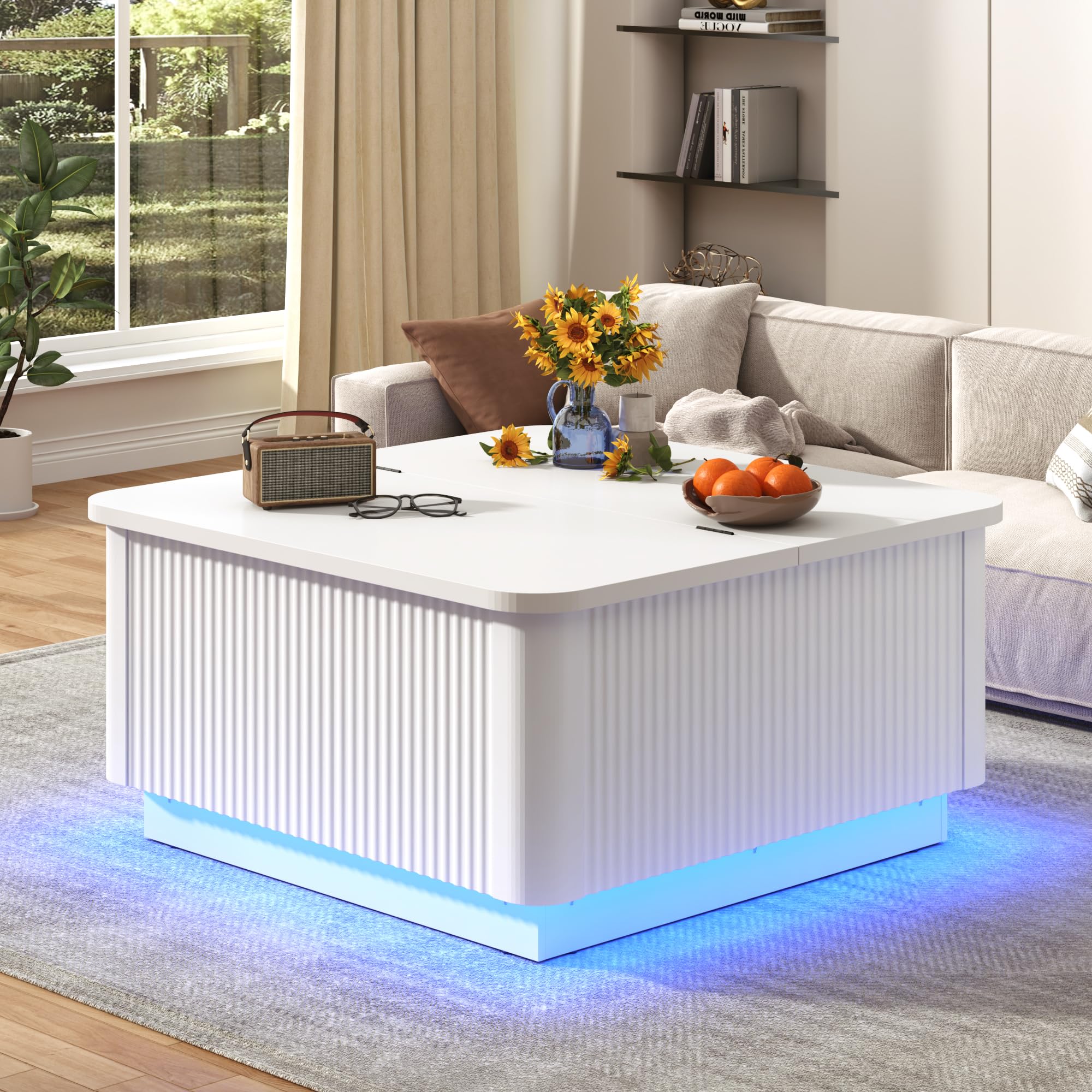 Blotout 35.4" Square Fluted Coffee Table with Lift Top and LED Lights, Wood Curved Design Center Table for Living Room, Modern Multi-Function Coffee Table with Large Hidden Space for Home,Office