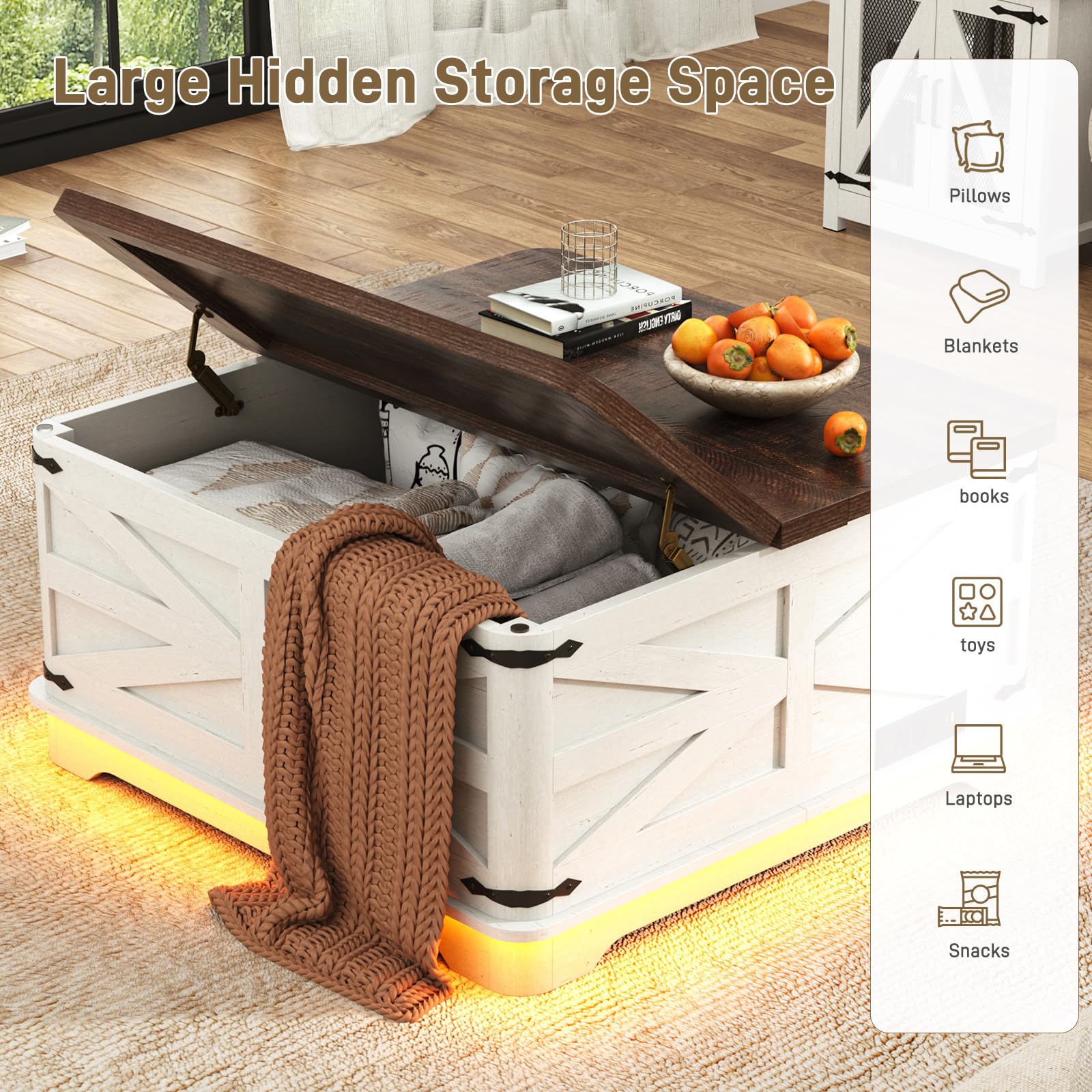 Blotout Farmhouse Lift Top Coffee Table with LED Light and Power Outlets, 36" Square Wood Living Room Storage Tables with Large Hidden Space, Lift Wooden Barn Door Center Table