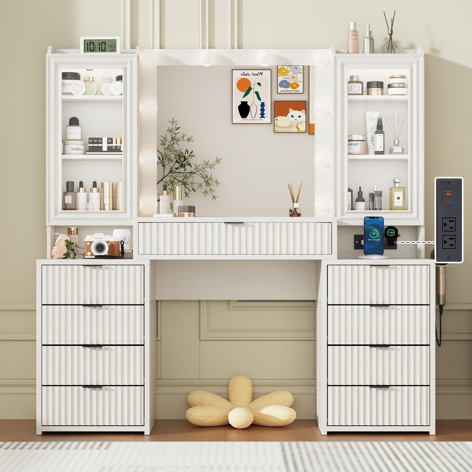 55" Large Vanity Desk with Mirror & Lights, Glass Top Vanity Desk with Charging Station & Compartment Storage Drawers, Fluted Makeup Vanity Table with 9 Drawers/6 Shelves/2 Glass Cabinets, Oak