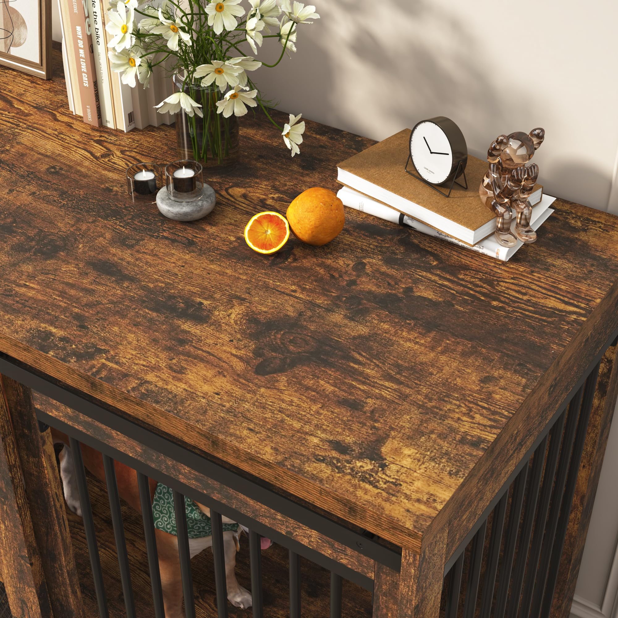 Blotout 87" Large Farmhouse Dog Crate TV Stand, Wooden Dog Crate Furniture with with Divider Panel/Sliding Metal Mesh Barn Door, XL-XXL Heavty Duty Dog Crates Furniture for 2 Medium or Large Dogs