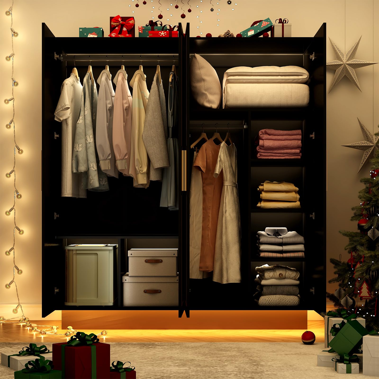 4 Door Wardrobe Armoire with LED Light, 70" Large Wooden Closet Storage with Hanging Rods & Multi-Layer Shelves for Large Bedroom