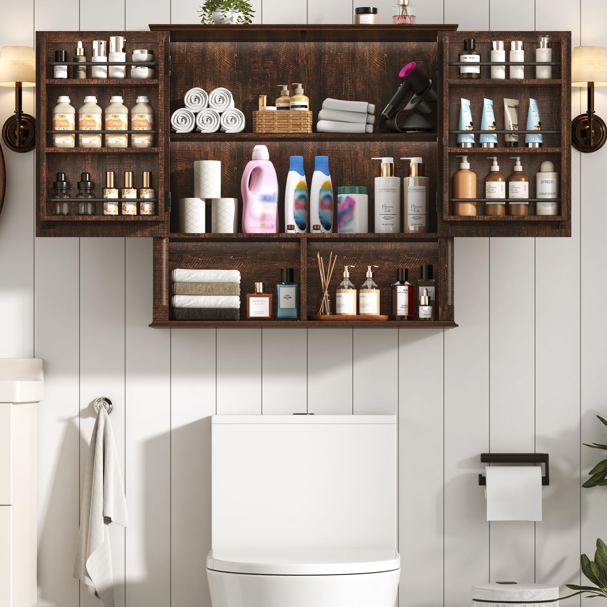 Farmhouse Wall Medicine Cabinets with 2 Barn Doors, Wood Bathroom Storage Cabinet with Roman Column Decor,Farmhouse Double Storage Cabinets with Adjustable Shelf & Door Cabinets, Rustic White