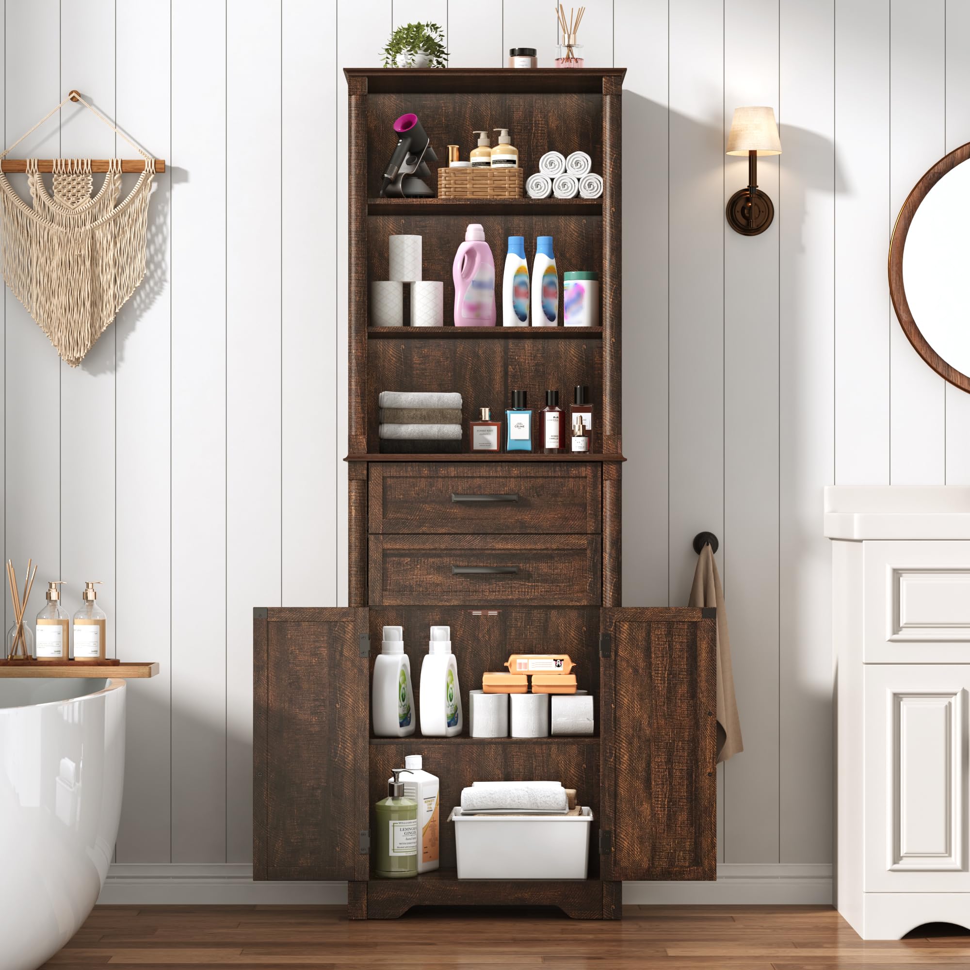 Farmhouse Wall Medicine Cabinets with 2 Barn Doors, Wood Bathroom Storage Cabinet with Roman Column Decor,Farmhouse Double Storage Cabinets with Adjustable Shelf & Door Cabinets, Rustic White