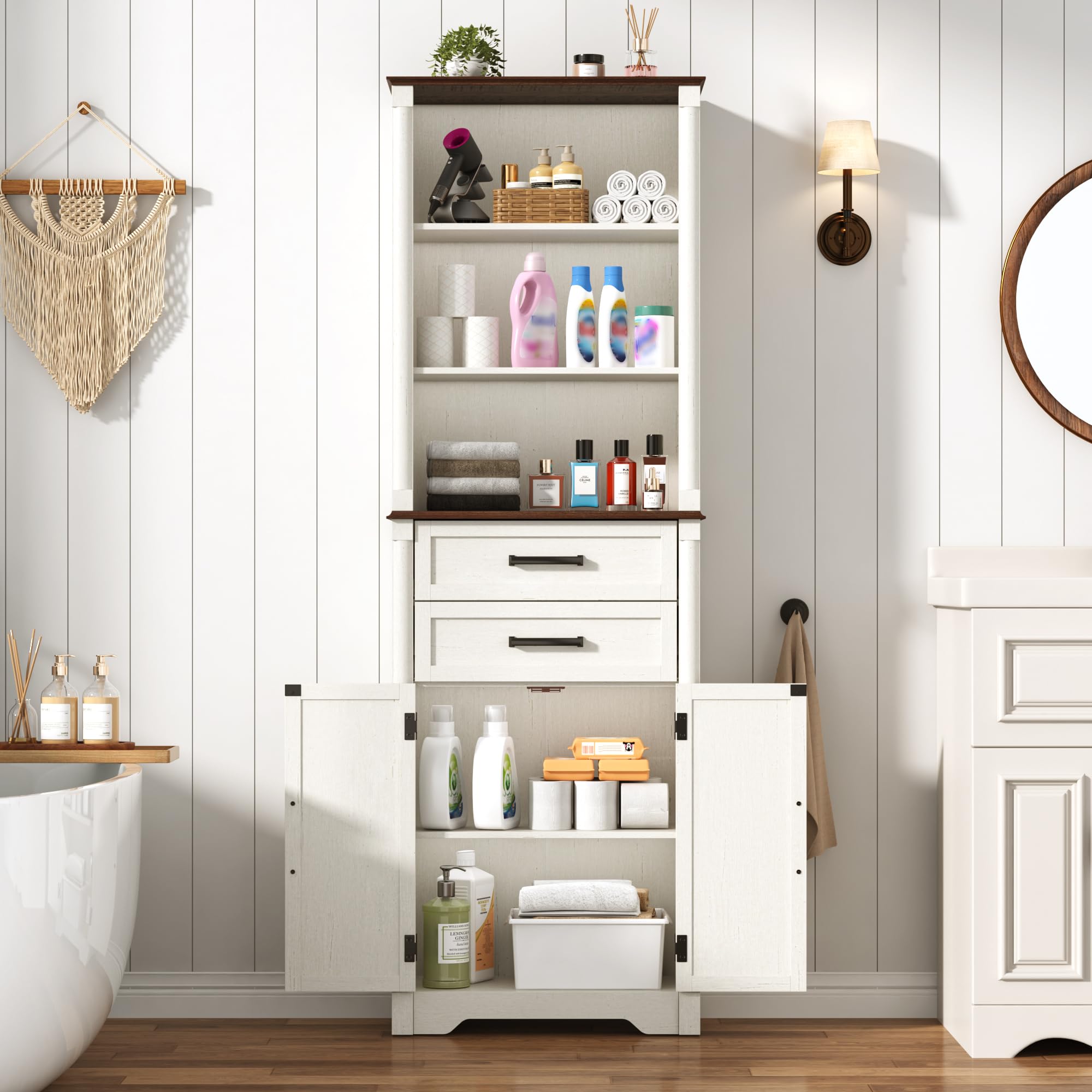 Farmhouse Wall Medicine Cabinets with 2 Barn Doors, Wood Bathroom Storage Cabinet with Roman Column Decor,Farmhouse Double Storage Cabinets with Adjustable Shelf & Door Cabinets, Rustic White