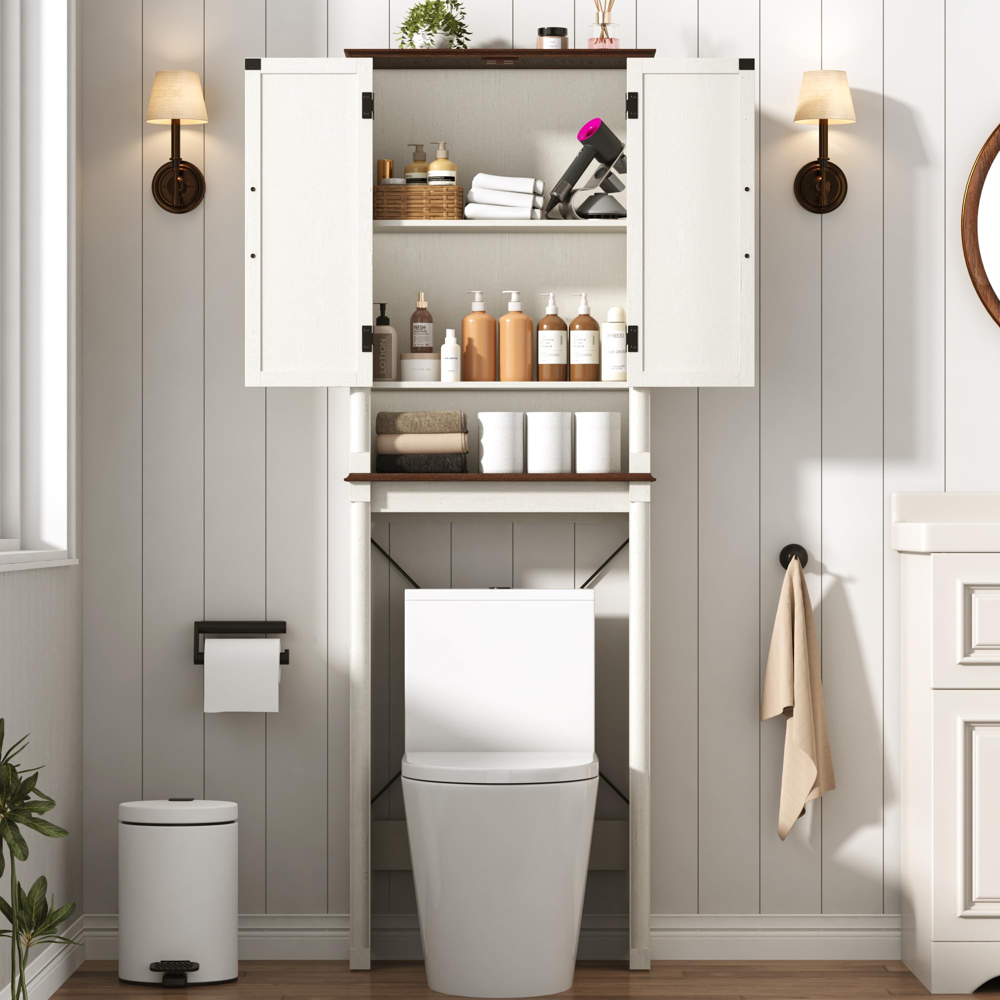 Farmhouse Wall Medicine Cabinets with 2 Barn Doors, Wood Bathroom Storage Cabinet with Roman Column Decor,Farmhouse Double Storage Cabinets with Adjustable Shelf & Door Cabinets, Rustic White