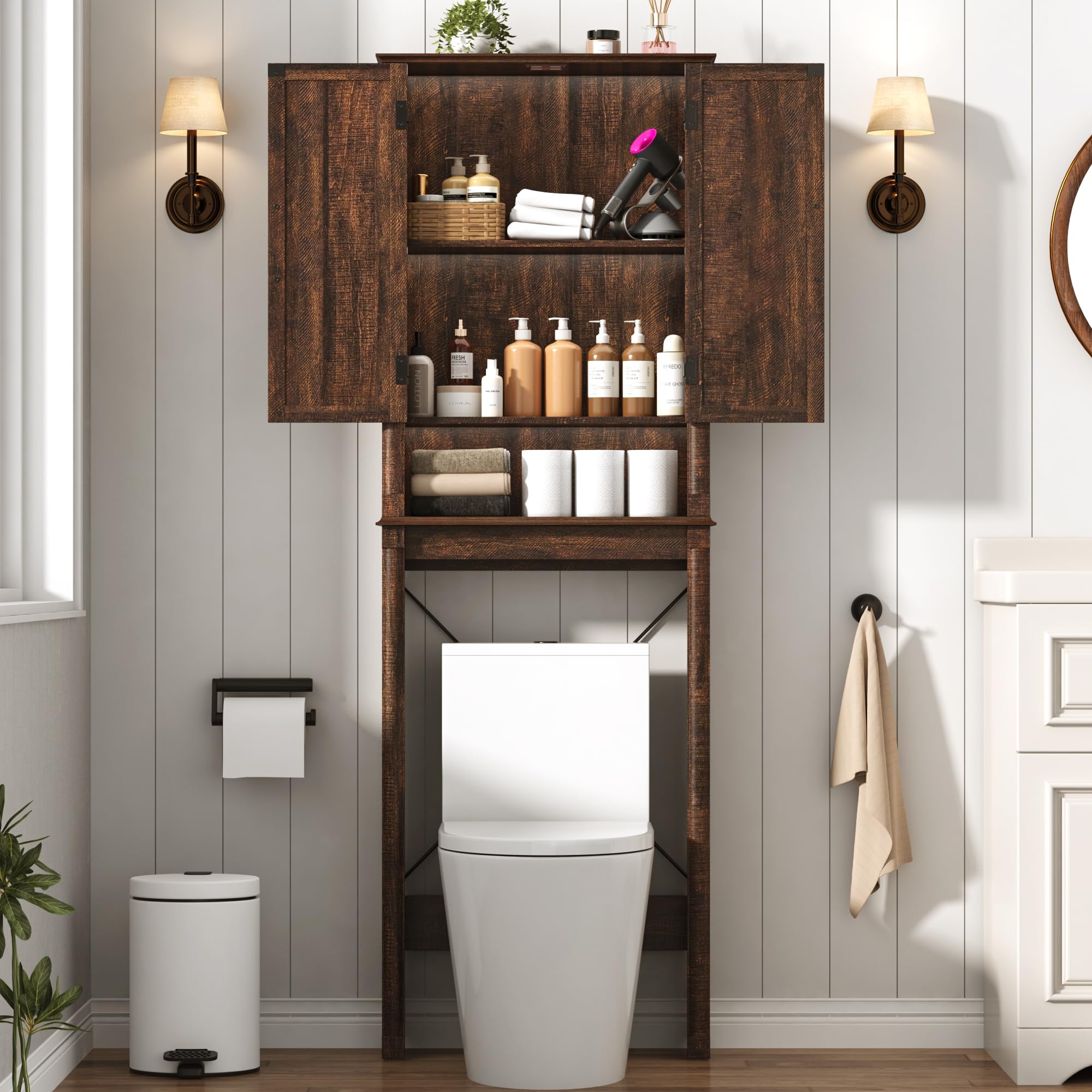 Farmhouse Wall Medicine Cabinets with 2 Barn Doors, Wood Bathroom Storage Cabinet with Roman Column Decor,Farmhouse Double Storage Cabinets with Adjustable Shelf & Door Cabinets, Rustic White