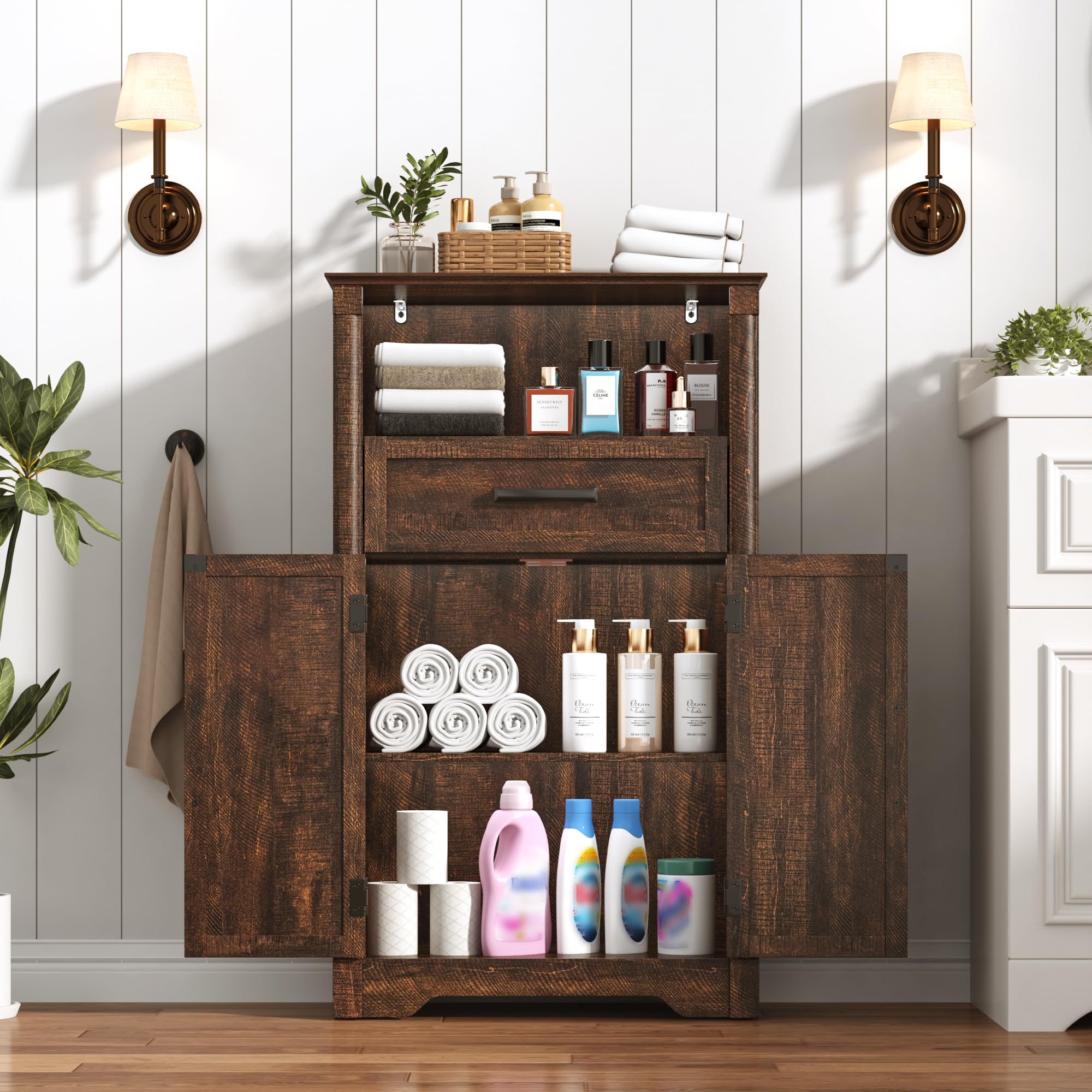 Farmhouse Wall Medicine Cabinets with 2 Barn Doors, Wood Bathroom Storage Cabinet with Roman Column Decor,Farmhouse Double Storage Cabinets with Adjustable Shelf & Door Cabinets, Rustic White