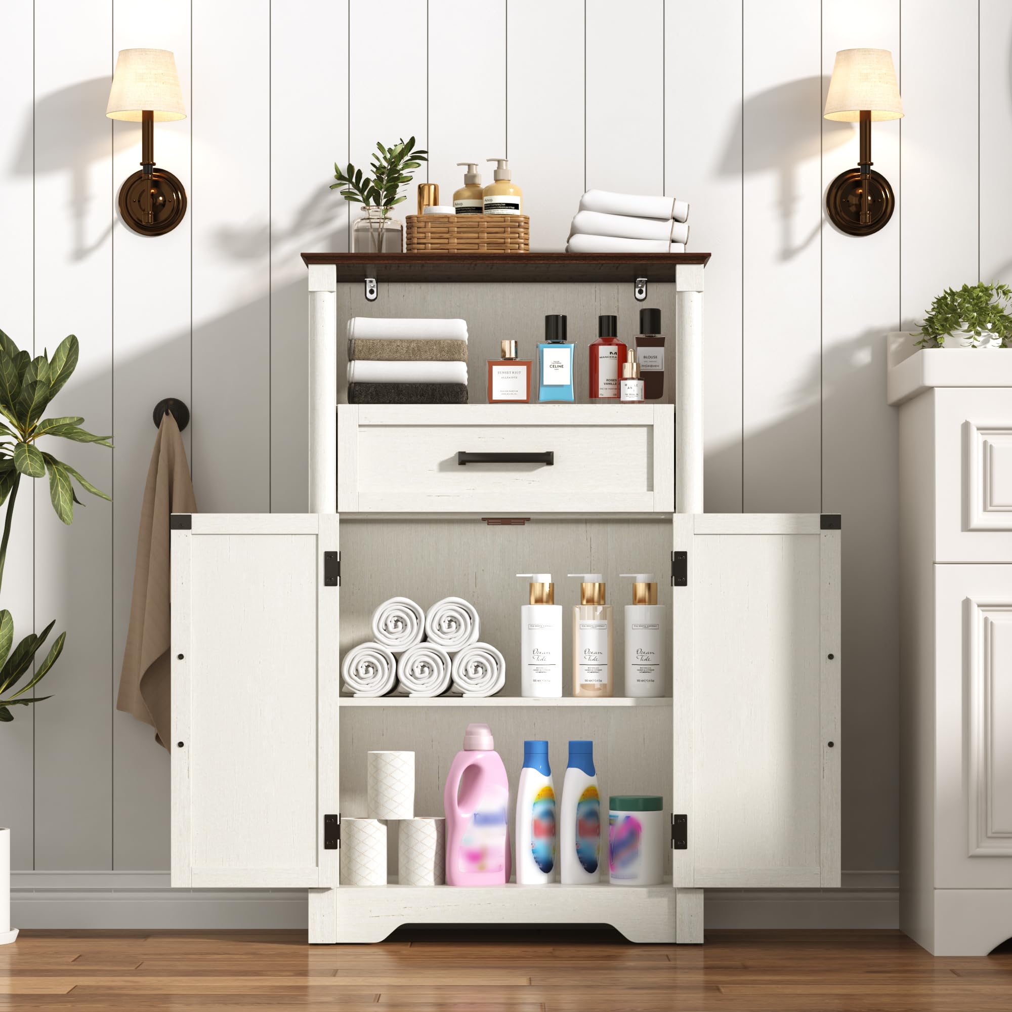 Farmhouse Wall Medicine Cabinets with 2 Barn Doors, Wood Bathroom Storage Cabinet with Roman Column Decor,Farmhouse Double Storage Cabinets with Adjustable Shelf & Door Cabinets, Rustic White