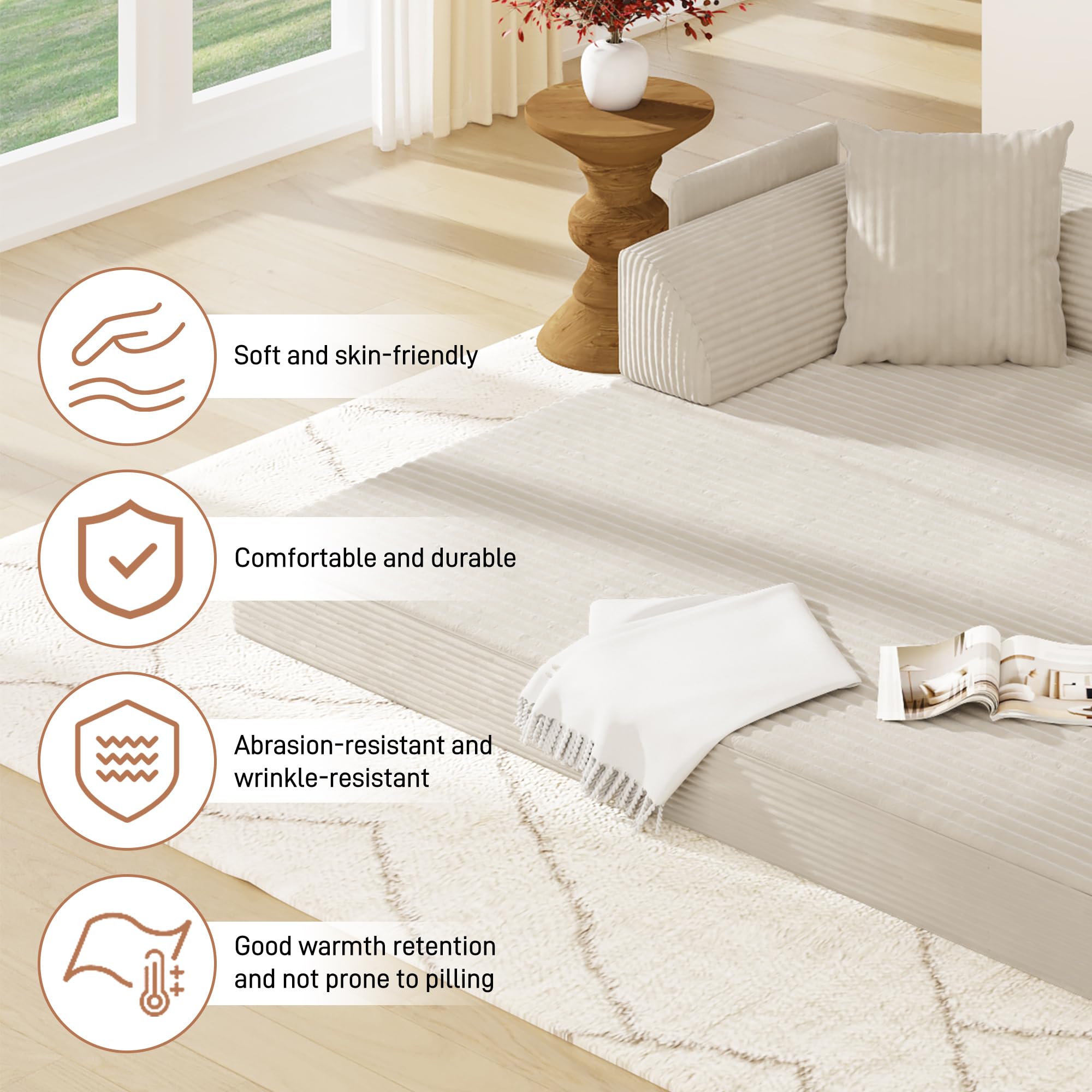 Blotout 5-in-1 Folding Convertible Sofa Bed with 3 Pillows, 79" Large Corduroy Boneless Couch with Armrest Pockets, Lounge Loveseat Sleeper with Pull Out Bed for Living Room Bedroom, Beige