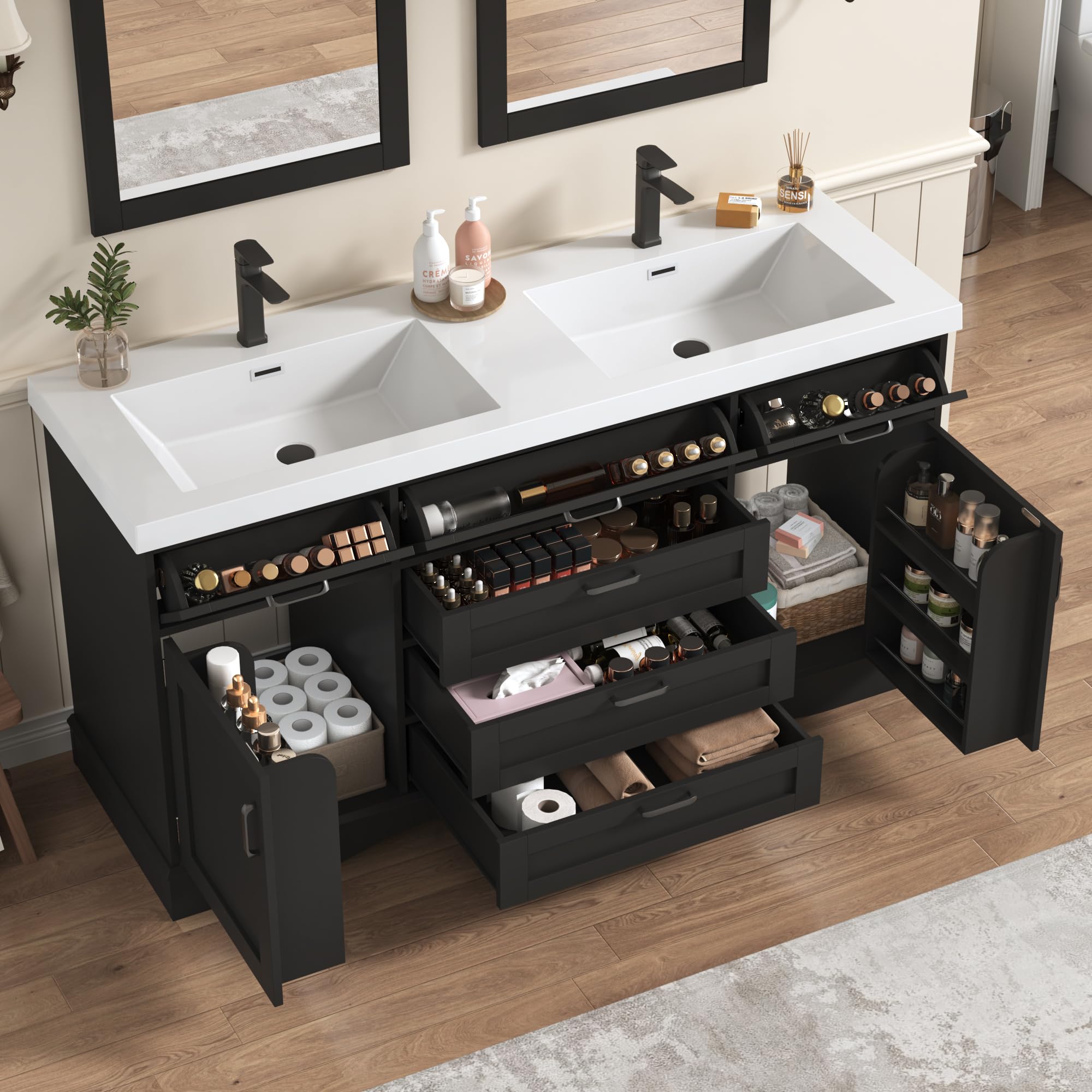  59" Modern Double Bathroom Vanity with Sink Combo, Bathroom Storage Cabinet with 2 Storage Doors and 6 Drawers