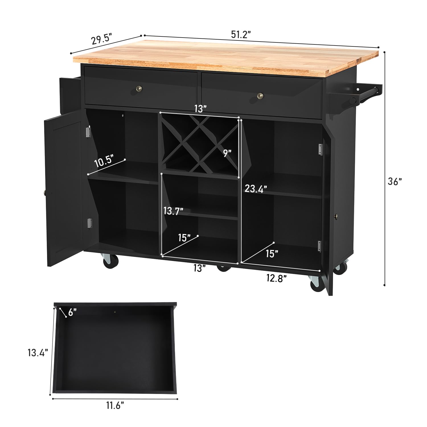 Rolling Kitchen Island Cart with Drop-Leaf and Wine Rack, Ktichen Serving Cart on Wheels w/ Cabinet Drawer & Shelves & Spice Rack & Towel Bar