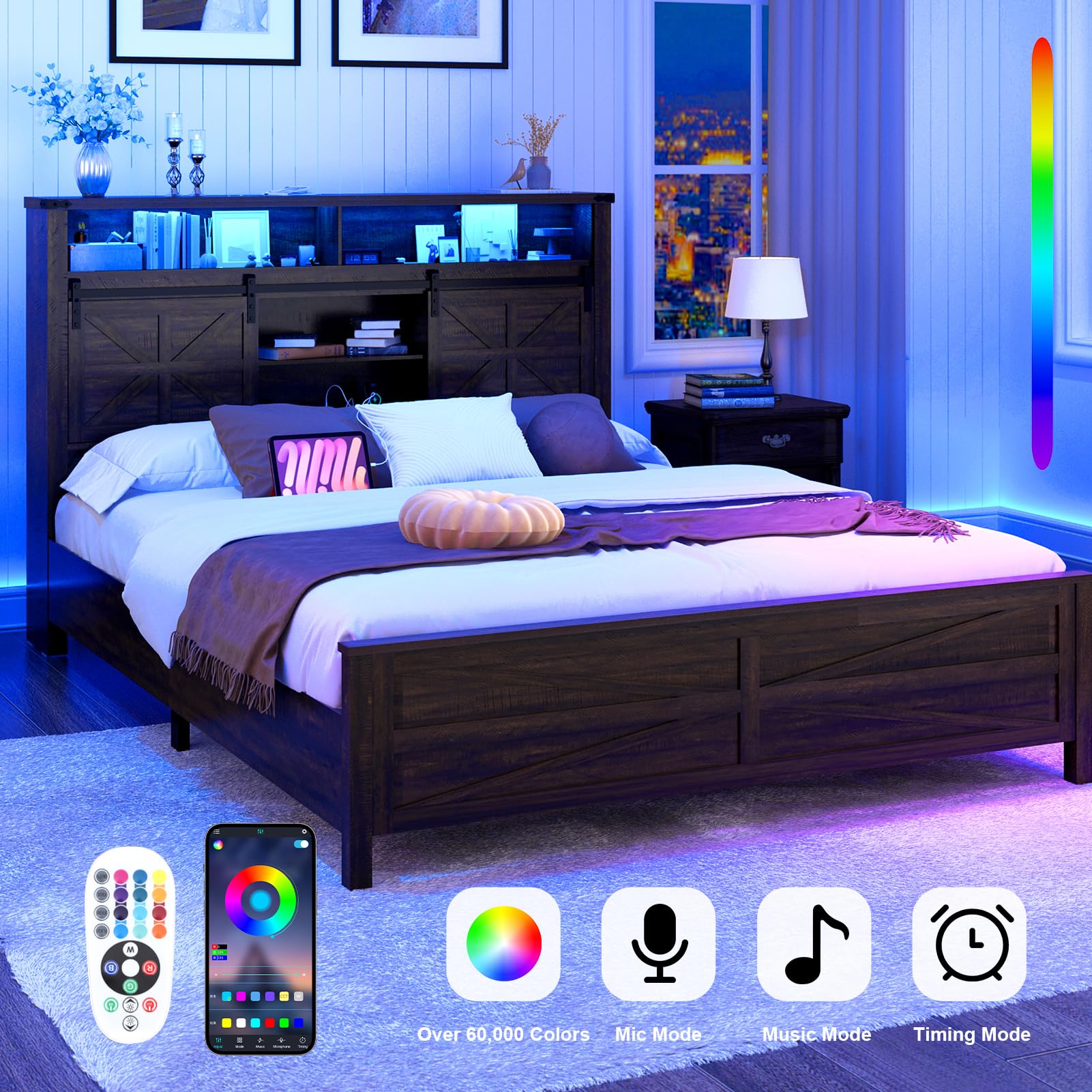 Farmhouse Queen Size Bed Frame with LED Light & Charging Station, Sliding Barn Door Storage Headboard