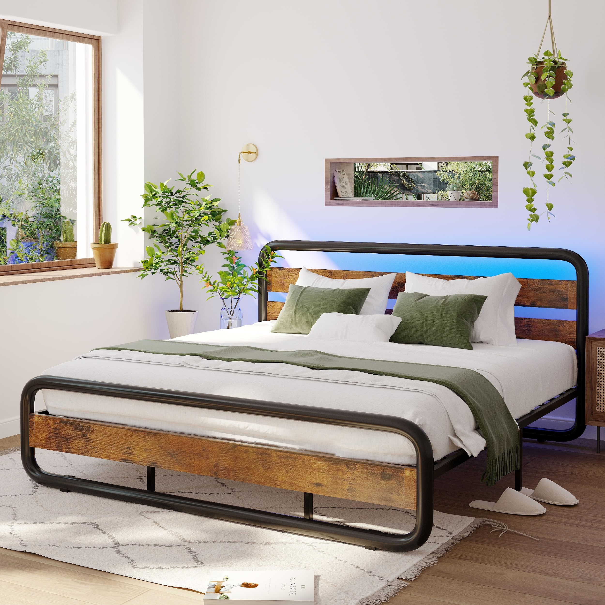 Heavy Duty Metal Bed Frame with Wood Headboard & Footboard