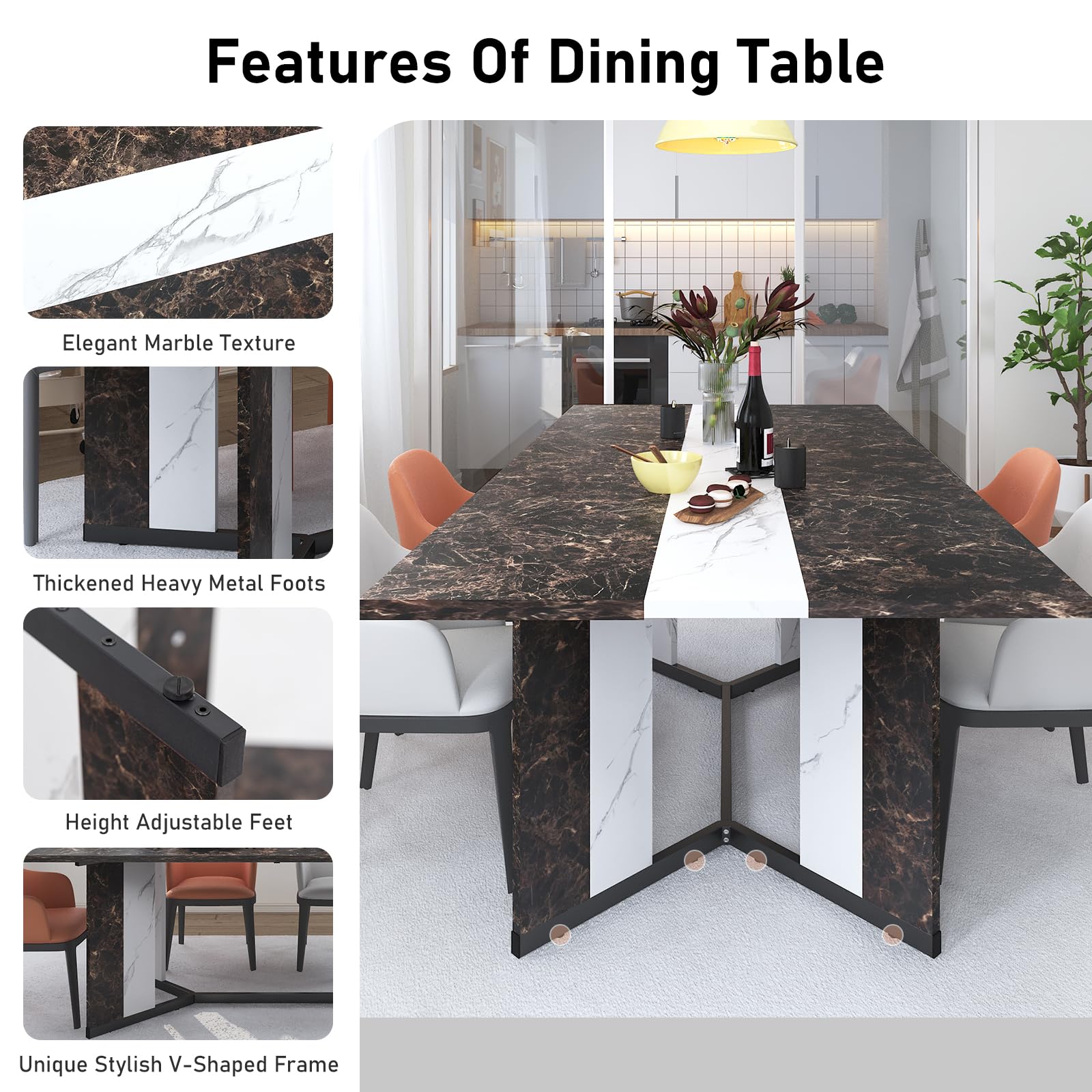 71" Large Dining Table for 6-10 People, Modern Luxurious Marble Family Rectangular Dinner Table