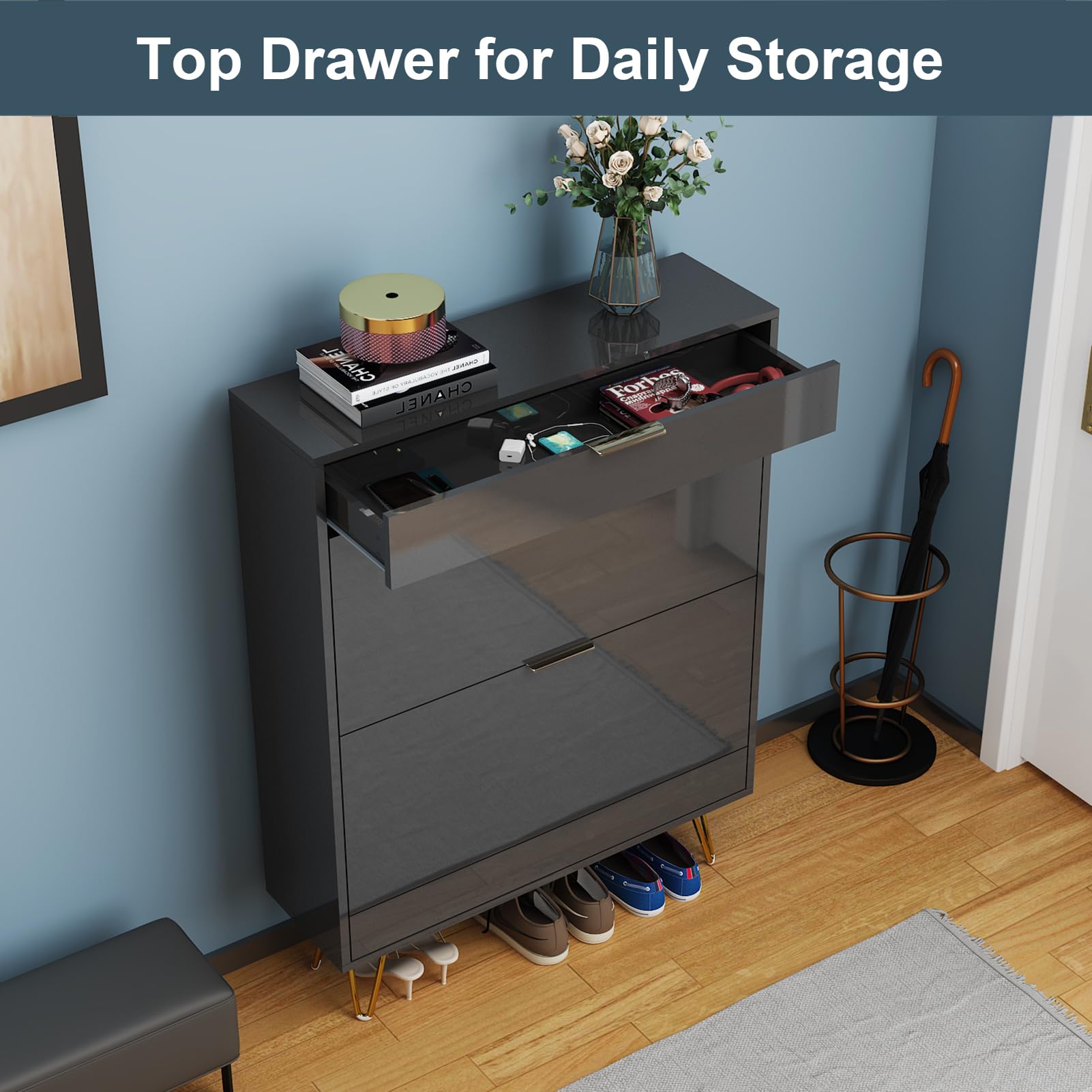 Wood Shoe Cabinet Shoe Rack with Flip Doors, High Gloss Slim 24 Pairs Shoes Storage Rack