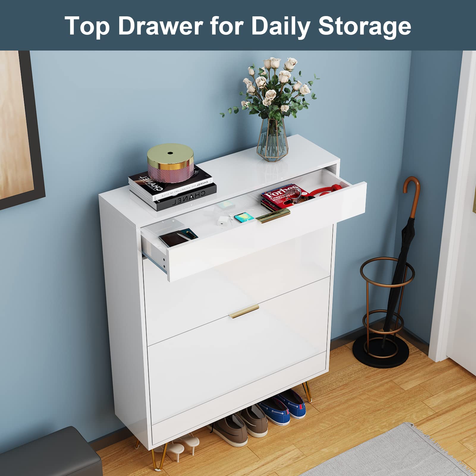 Wood Shoe Cabinet Shoe Rack with Flip Doors, High Gloss Slim 24 Pairs Shoes Storage Rack