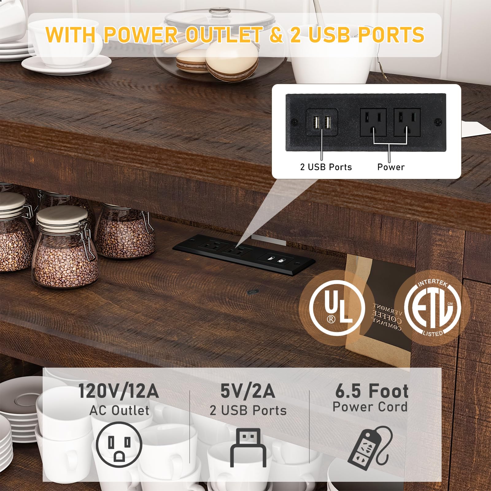 66'' Large Bar Cabinet, Farmhouse Coffee Bar Cabinet with Power Outlet with Adjustable Shelf, Kitchen Buffet Sideboard