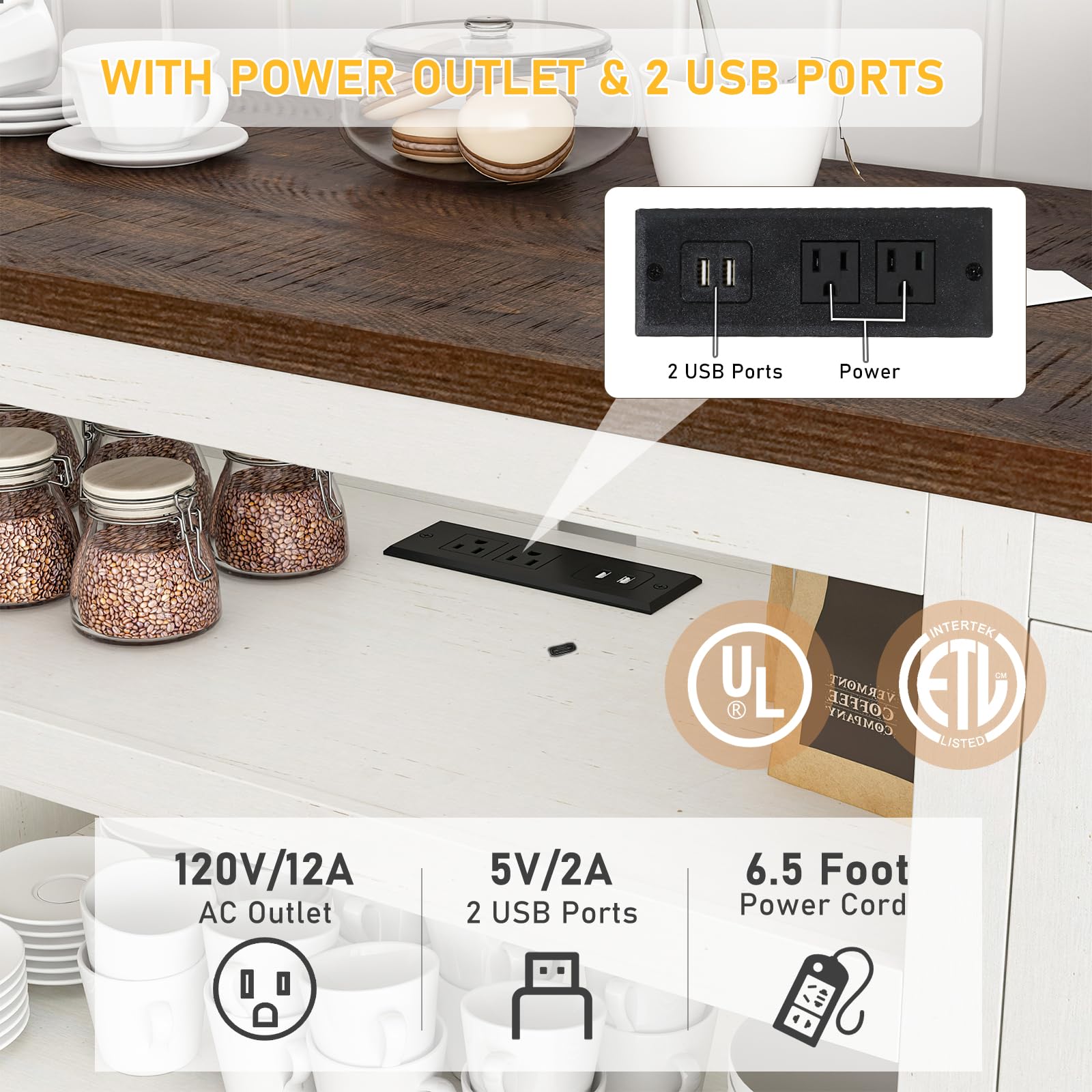 66'' Large Bar Cabinet, Farmhouse Coffee Bar Cabinet with Power Outlet with Adjustable Shelf, Kitchen Buffet Sideboard