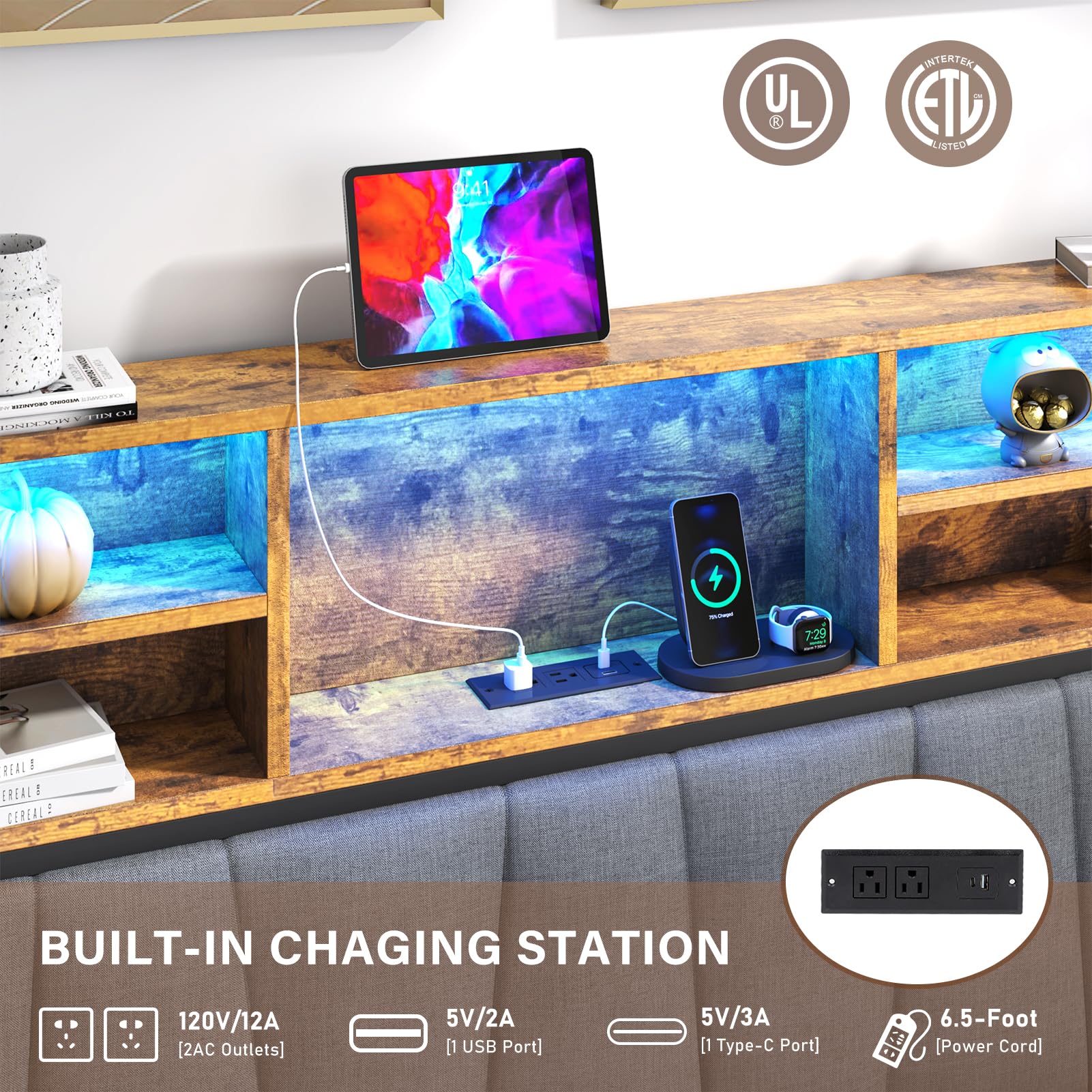 Queen LED Bed Frame with Lift Up Storage & Power Outlets - Metal Platform Bed with Upholstered Headboard, Storage Bed with 3-Tier Storage Headboard