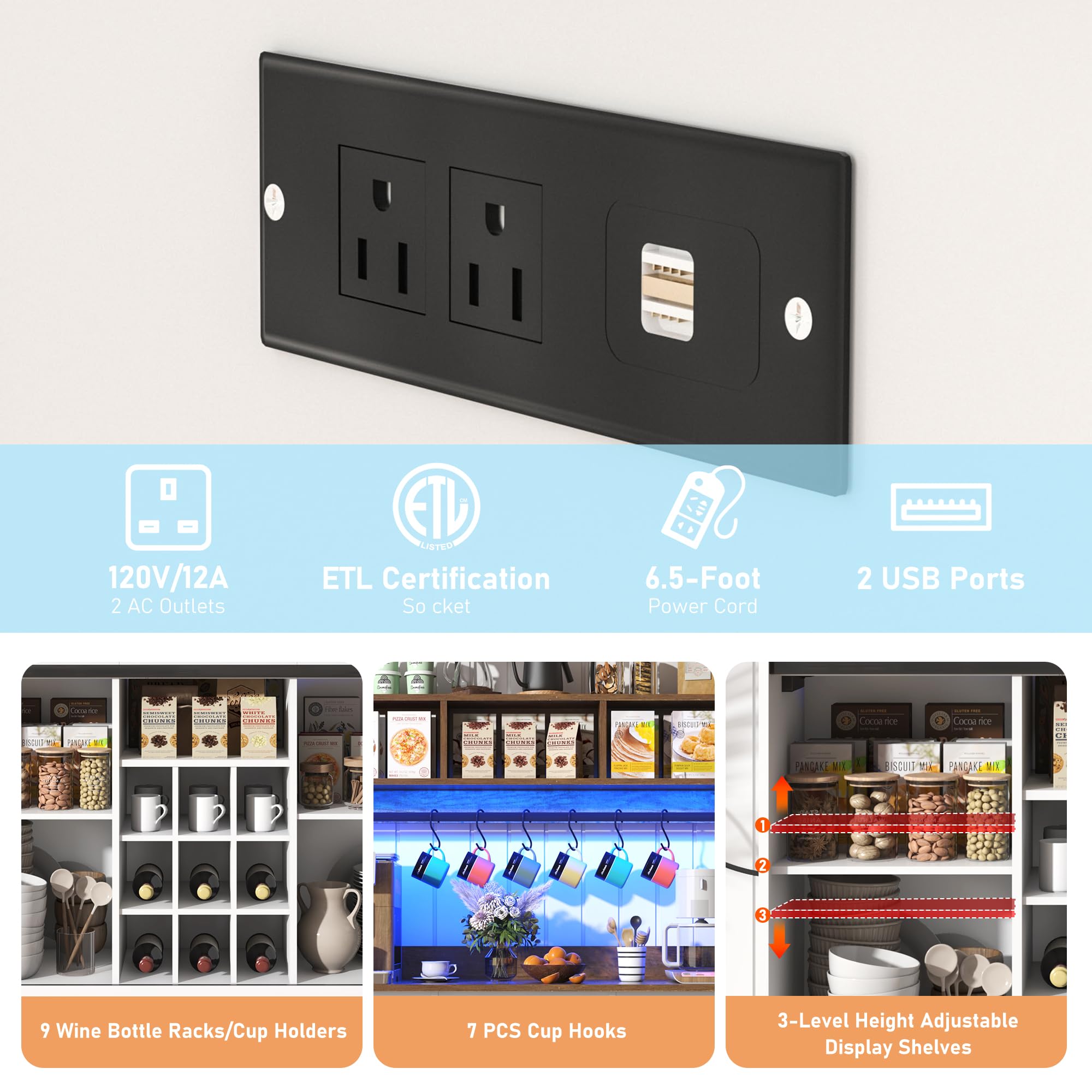 Blotout LED Kitchen Pantry Storage Cabinet with Power Outlet, 58" Tall Bar Cabinet with Lights, Adjustable Shelf, 9 Wine Racks, 6 Hooks , Morden Glass Door Cabinet with Storage, Black