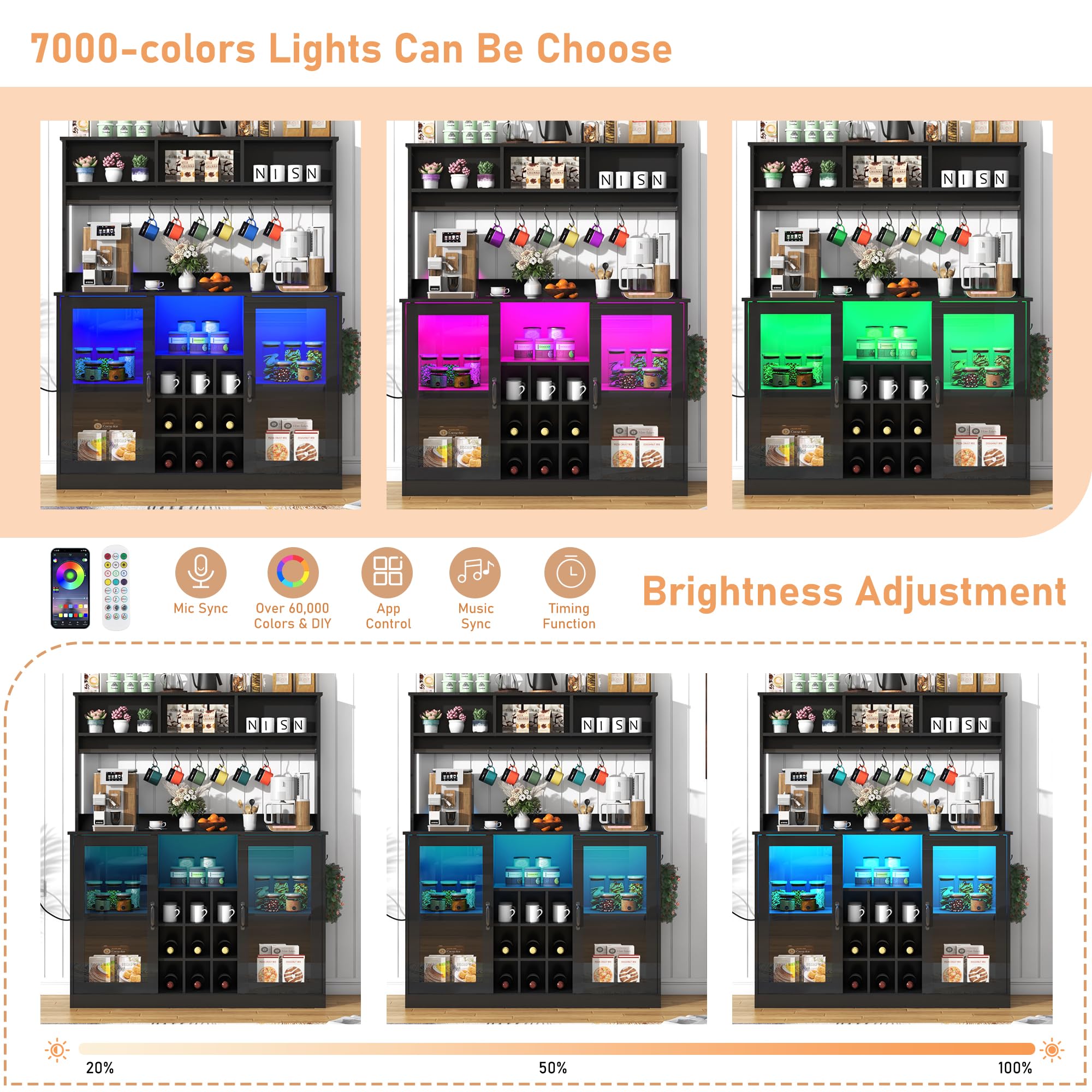 Blotout LED Kitchen Pantry Storage Cabinet with Power Outlet, 58" Tall Bar Cabinet with Lights, Adjustable Shelf, 9 Wine Racks, 6 Hooks , Morden Glass Door Cabinet with Storage, Black