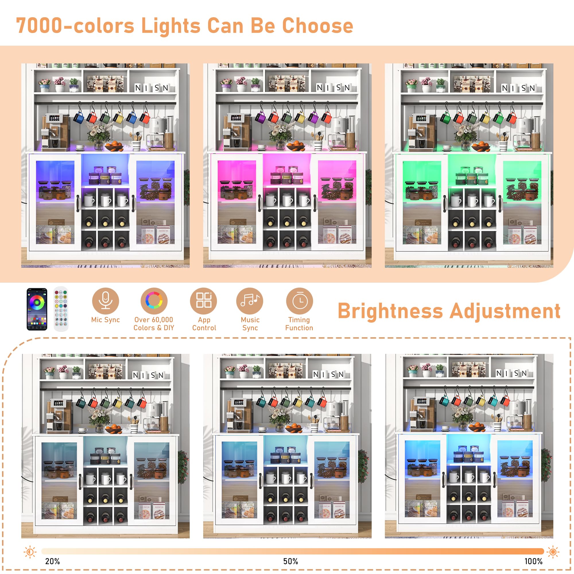 Blotout LED Kitchen Pantry Storage Cabinet with Power Outlet, 58" Tall Bar Cabinet with Lights, Adjustable Shelf, 9 Wine Racks, 6 Hooks , Morden Glass Door Cabinet with Storage, Black