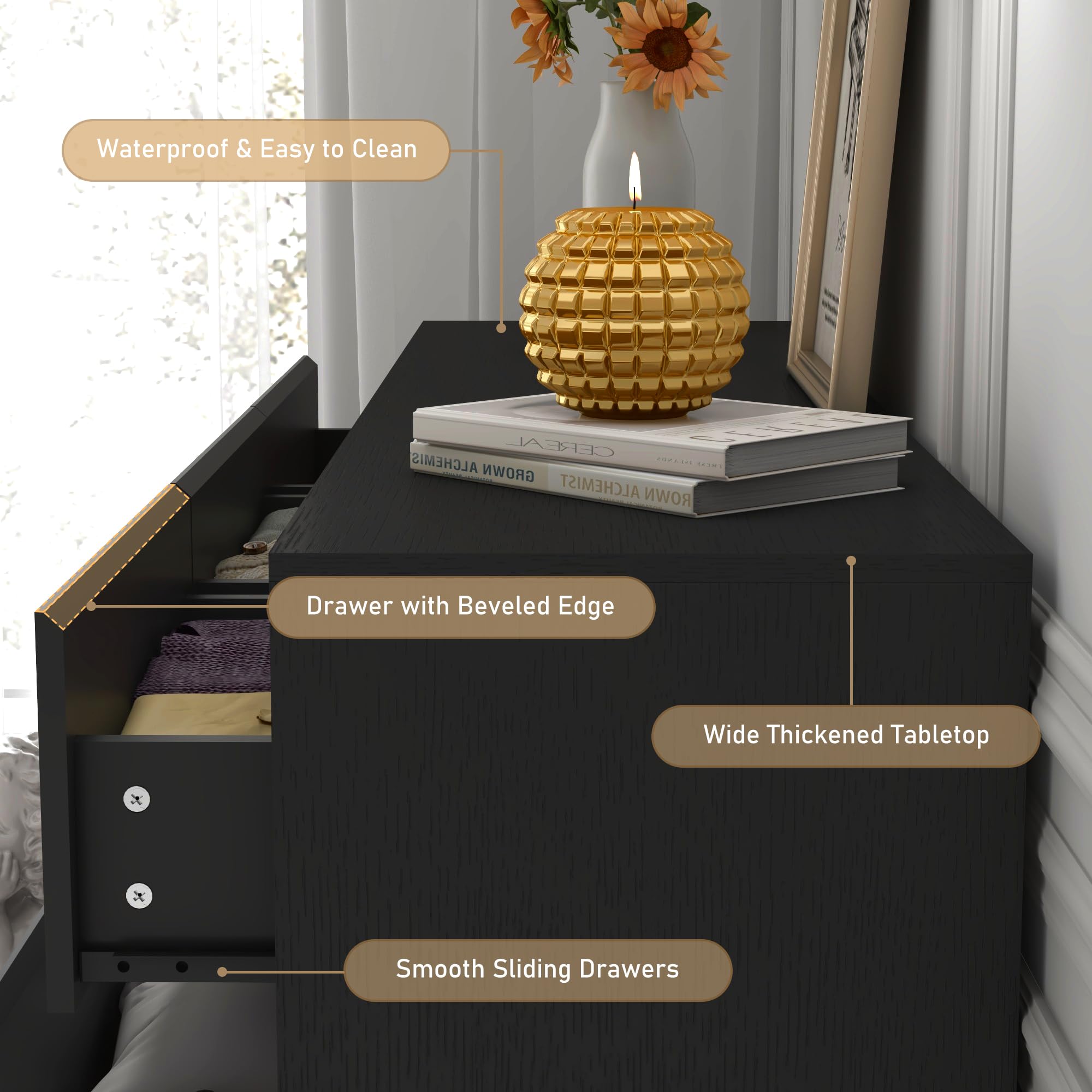 Blotout Modern Black Dresser for Bedroom, 55" Long Dresser High Gloss Dresser with 7 Drawers, Large Wood Chest of Drawer Handle Free, Dresser for Bedroom, Living Room, Entryway, Hallway