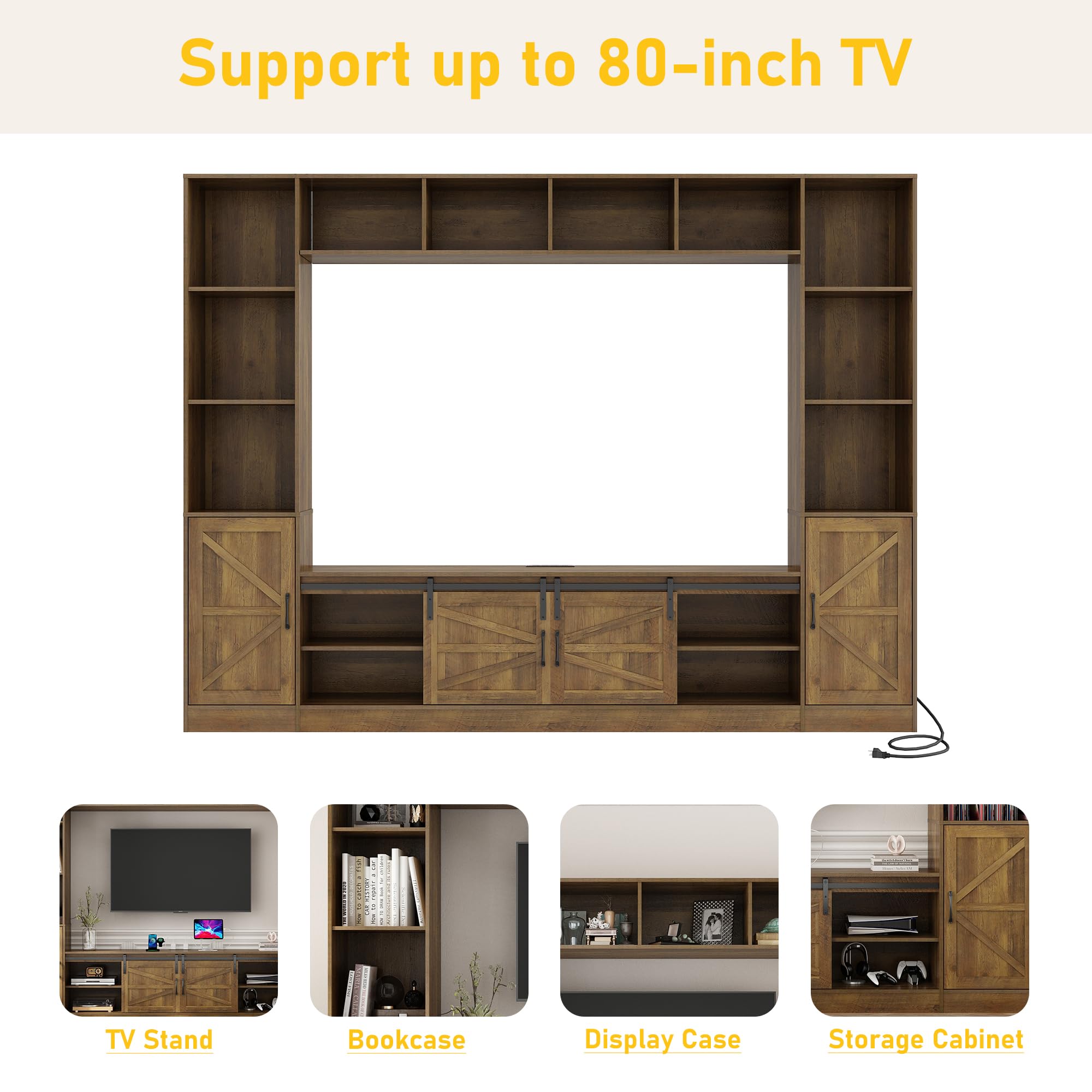 Blotout 103" Entertainment Center for TVs up to 80", Large Wall Unit TV Stand with Storage, Farmhouse TV Wall Unit with Sliding Barn Door and Power Outlet, Rustic Brown