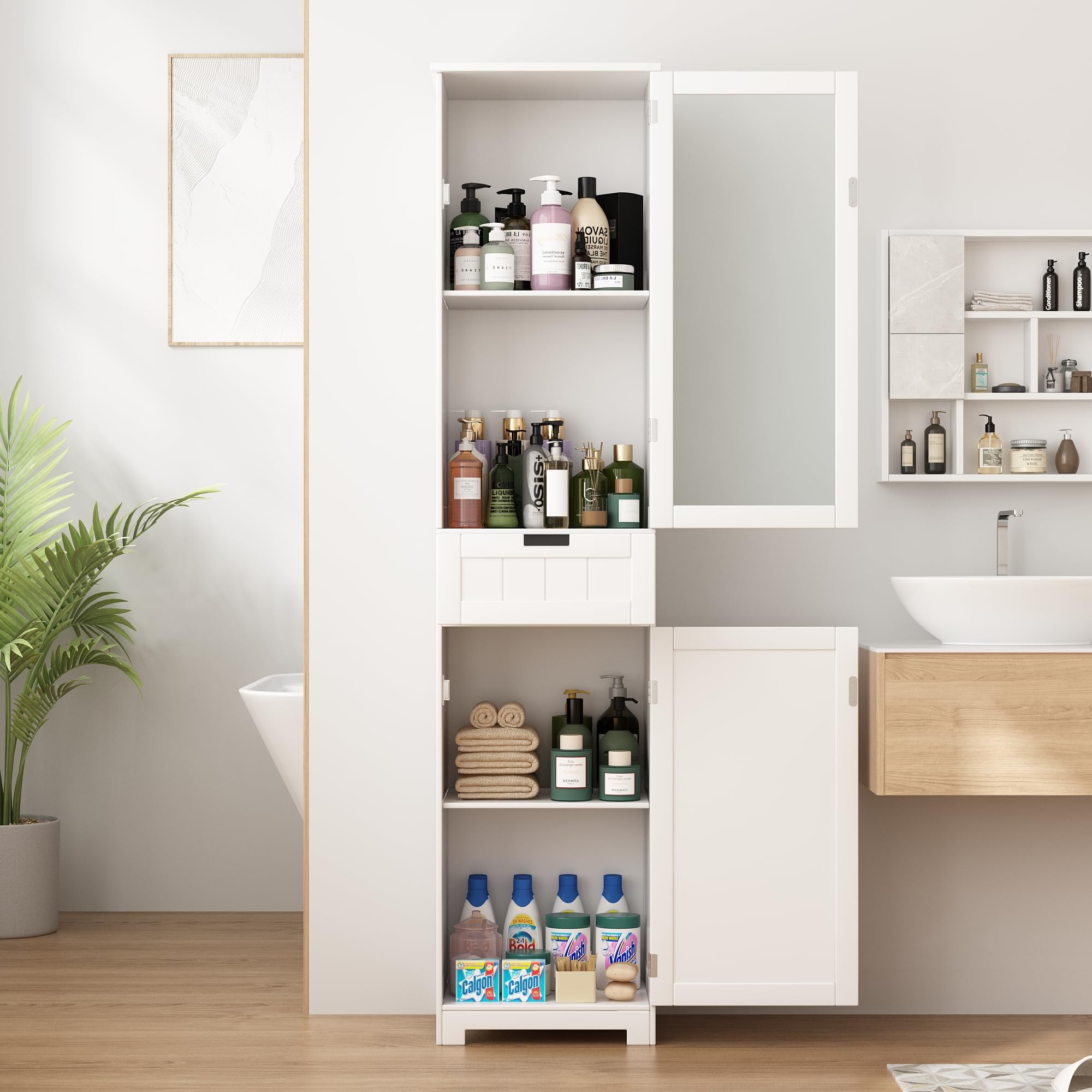 Blotout 64" White Tall Bathroom Cabinet, 6 Shelf Morden Bathroom Storage Cabinet with 4 Doors/Adjustable Shelf,Floor Freestanding Cabinet for Bathroom,Kitchen,Living Room