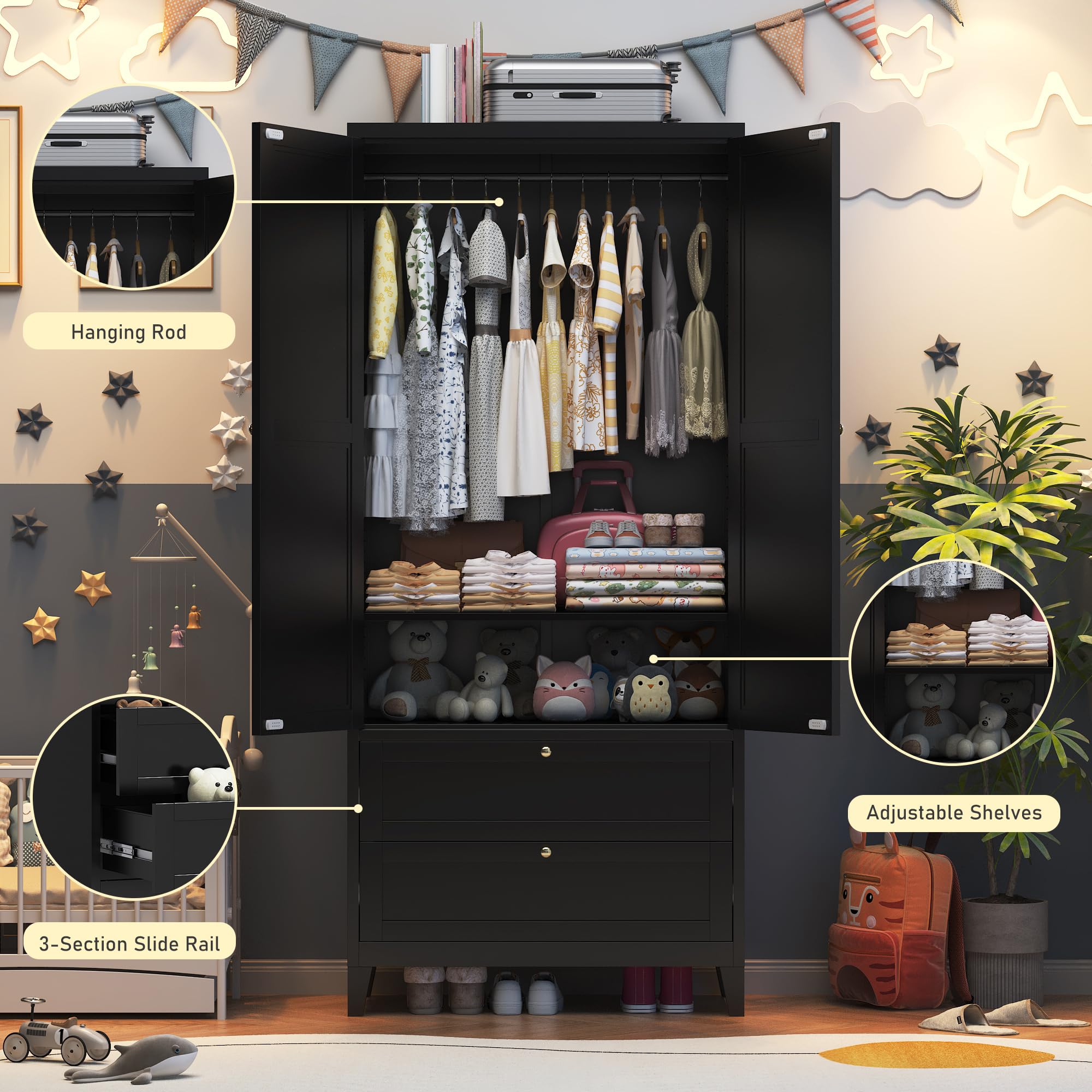 71" 2 Door Armoire Wardrobe Closet with 2 Drawers, Metal Armoire Closet Clothing Storage Cabinet with Hanging Rod & Adjustable Shelf for Bedroom Dorm