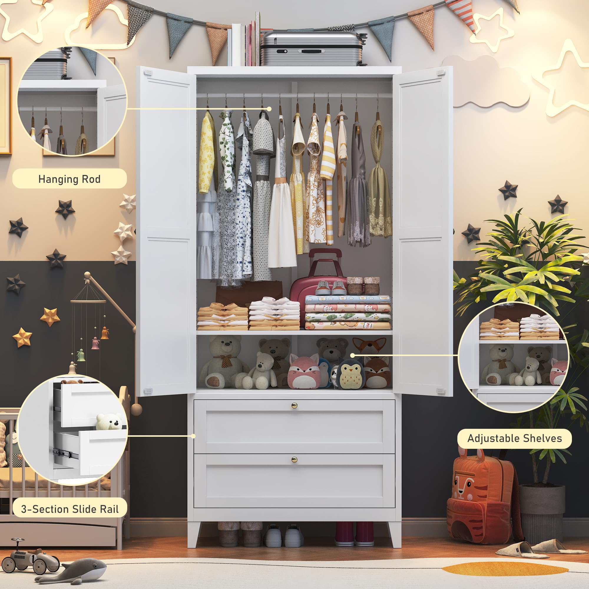 71" 2 Door Armoire Wardrobe Closet with 2 Drawers, Metal Armoire Closet Clothing Storage Cabinet with Hanging Rod & Adjustable Shelf for Bedroom Dorm