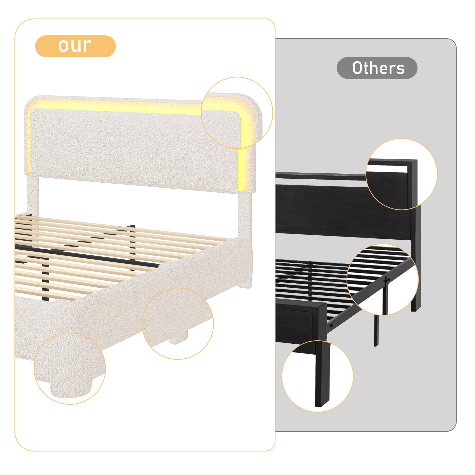 Boucle Bed Frame with LED Light & Adjustable Headboard, Upholstered Platform Bed with Soft Curved Corners