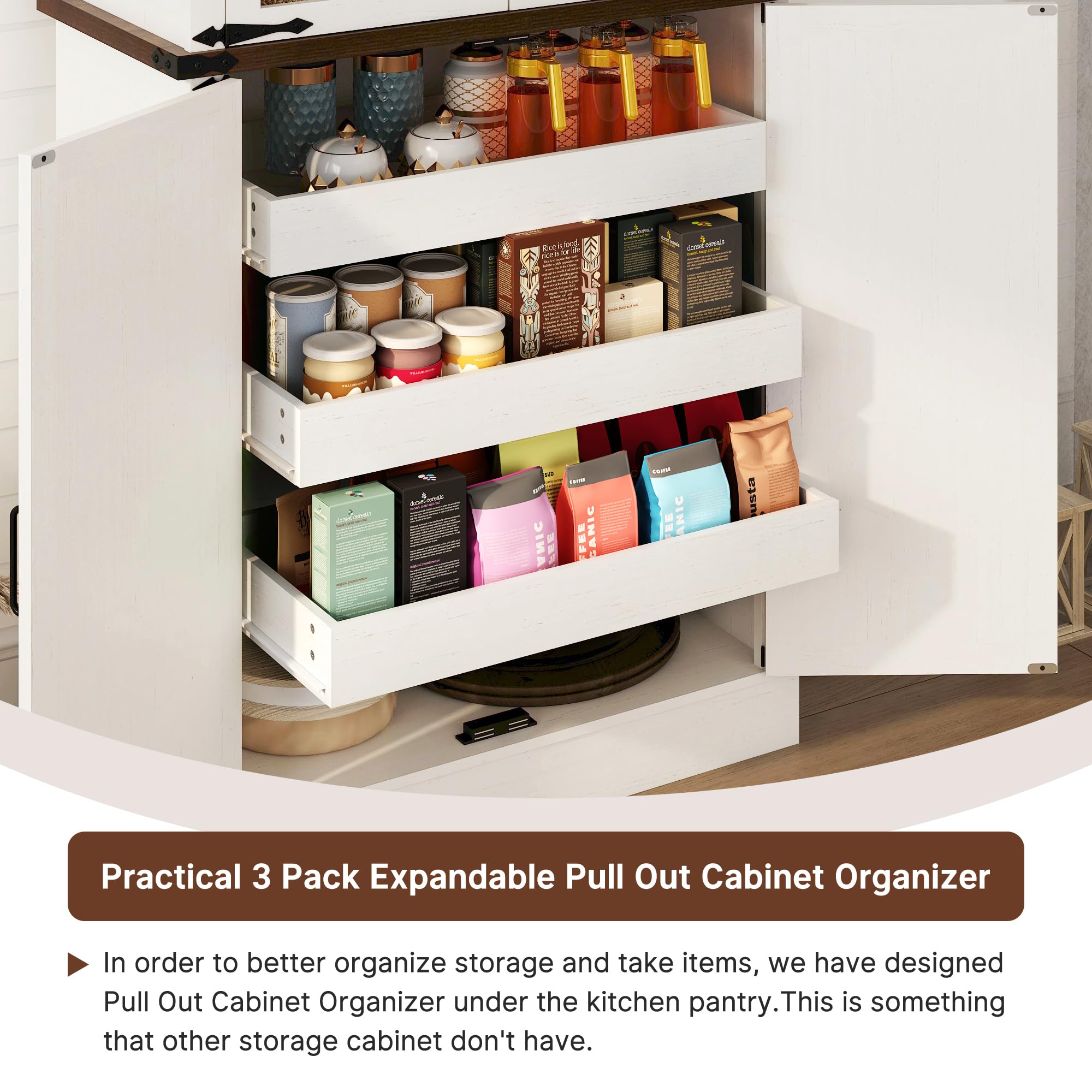 71" Farmhouse Kitchen Pantry Cabinet, Tall Storage Cabinet Wood Food Pantry with Barn Doors and Adjustable Shelves Versatile Storage Freestanding Cupboard for Kitchen