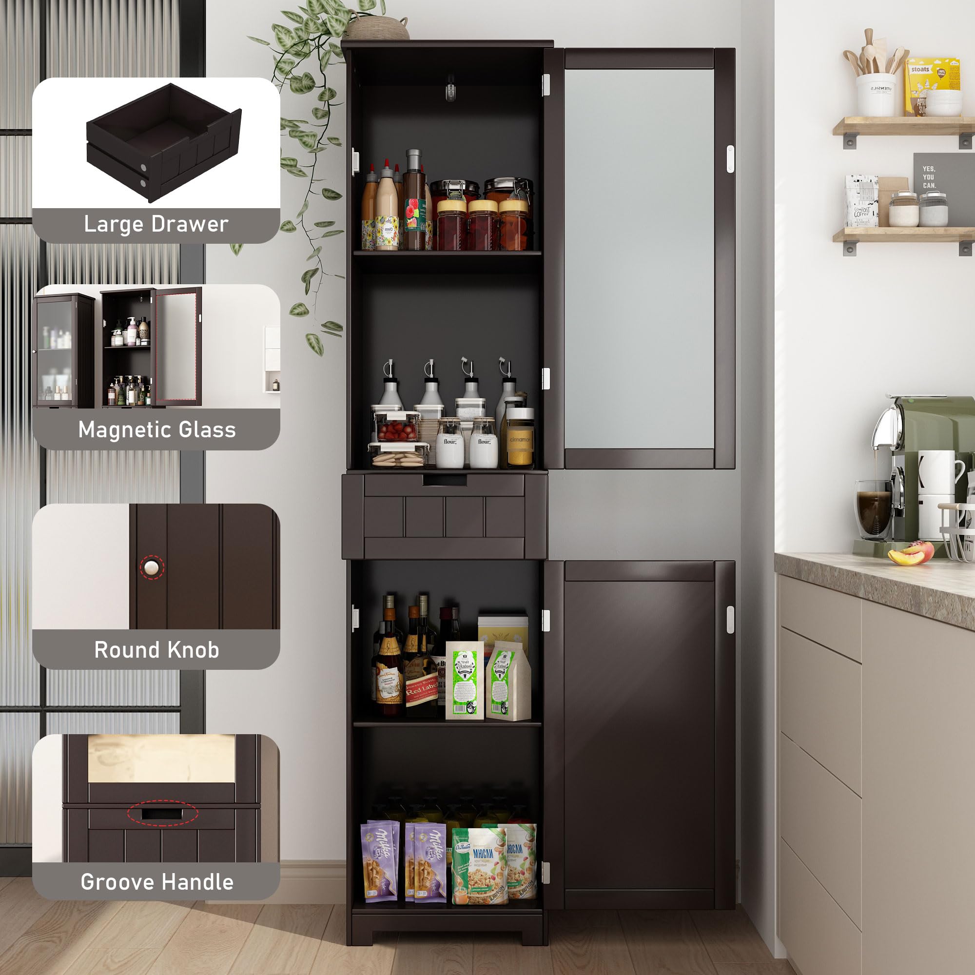 Blotout 64" White Tall Bathroom Cabinet, 6 Shelf Morden Bathroom Storage Cabinet with 4 Doors/Adjustable Shelf,Floor Freestanding Cabinet for Bathroom,Kitchen,Living Room