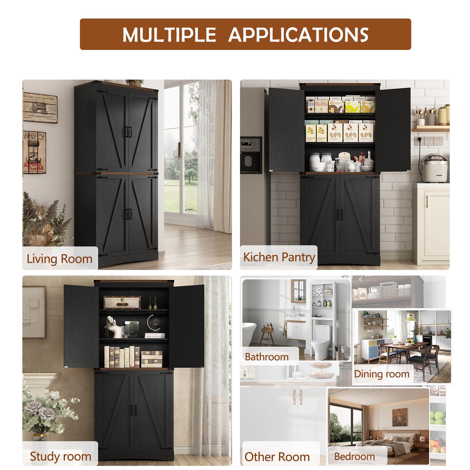 71" Tall Farmhouse Kitchen Pantry Cabinet, 5 Layers Storage Cabinet with Adjustable Shelves, Farmhouse Pantry Cabinet with 4 Barn Doors for Kitchen, Dining Room, Bathroom, Living Room, Rustic White