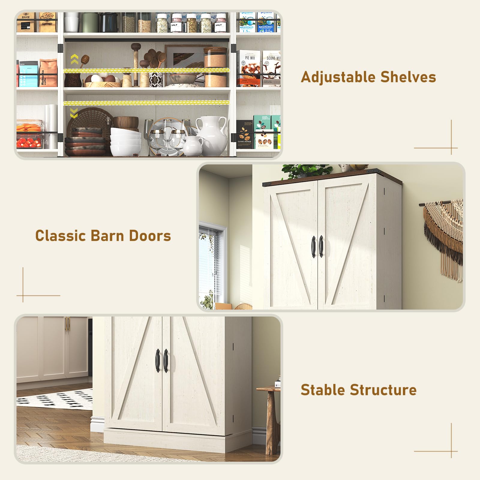 71" Tall Farmhouse Kitchen Pantry with 12 Side Shelves, 5 Layers Pantry Storage Cabinet w/Load-Bearing Steel Pipe & 4 Barn Doors/Adjustable Shelves for Kitchen, Dining Room, Living Room, Brown