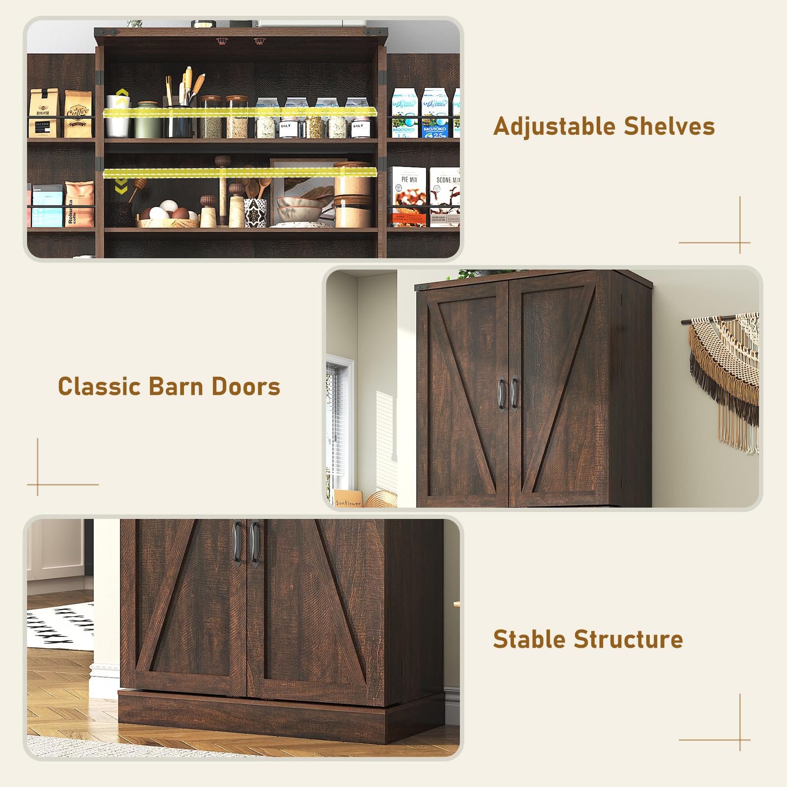 71" Tall Farmhouse Kitchen Pantry with 12 Side Shelves, 5 Layers Pantry Storage Cabinet w/Load-Bearing Steel Pipe & 4 Barn Doors/Adjustable Shelves for Kitchen, Dining Room, Living Room, Brown