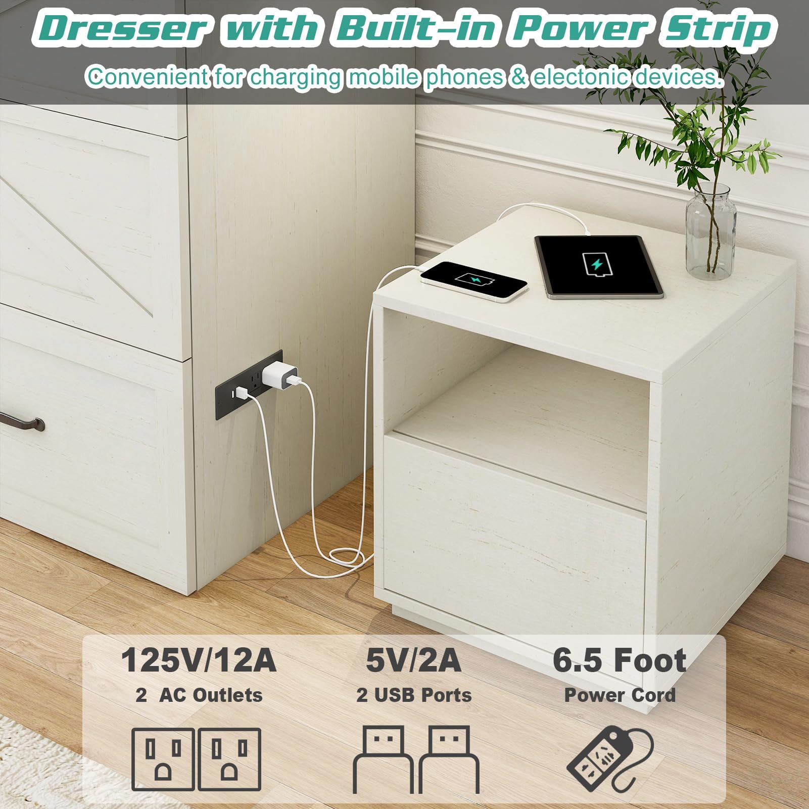 ANPOO Full Size Murphy Chest Bed with 2 Drawers & Power Outlets, Farmhouse Wood 2 in 1 Convertible Chest Bed Cabinet with Storage, Multifunctional Storage Cabinet Bed for Bedroom,Office,White