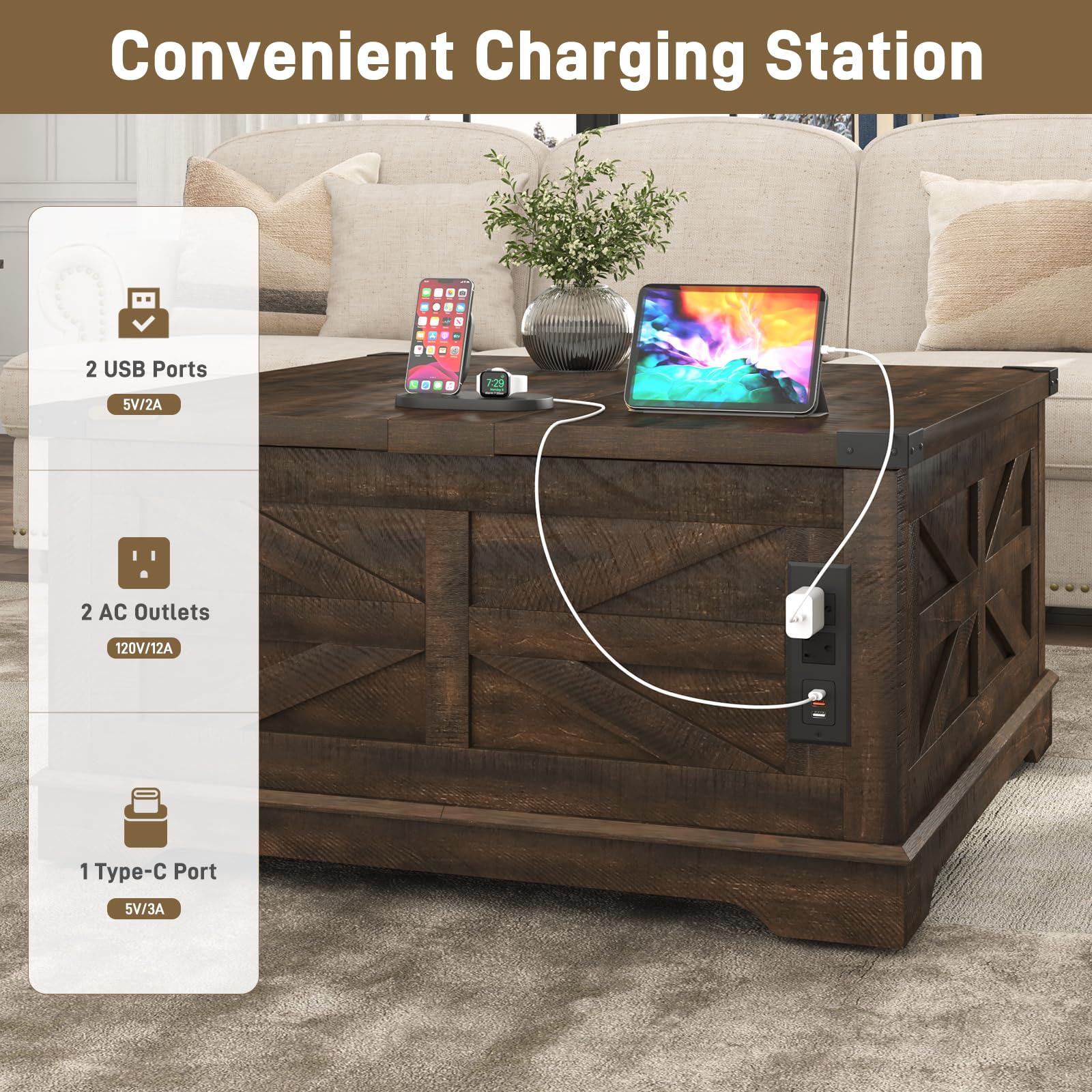 ANPOO 40" Large Farmhouse Lift Top Coffee Table with Storage & Power Outlets, Square Coffee Table w/Large Hidden Storage, Lift Wooden Barn Door Center Table for Home, Office,Rustic White