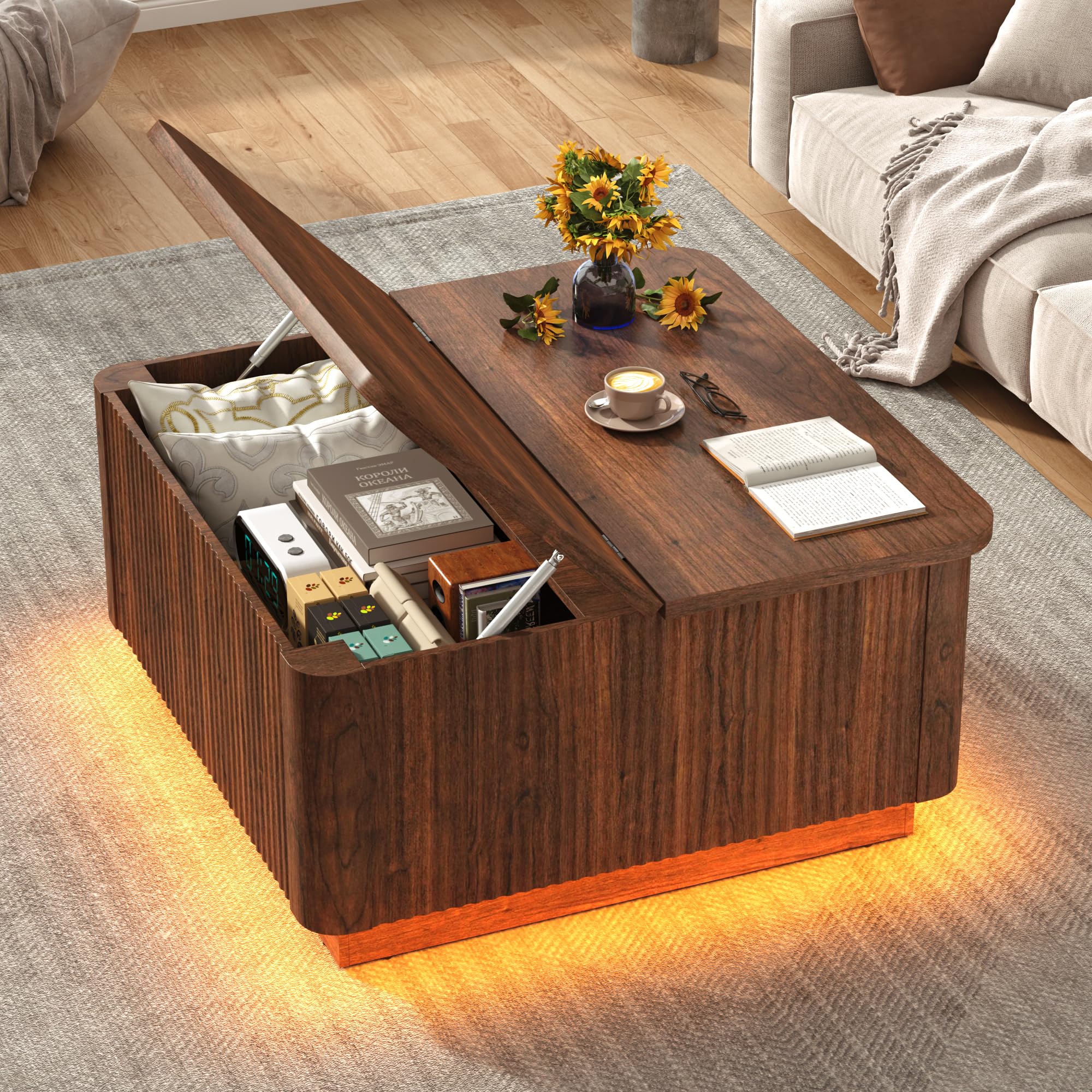 Blotout 35.4" Square Fluted Coffee Table with Lift Top and LED Lights, Wood Curved Design Center Table for Living Room, Modern Multi-Function Coffee Table with Large Hidden Space for Home,Office
