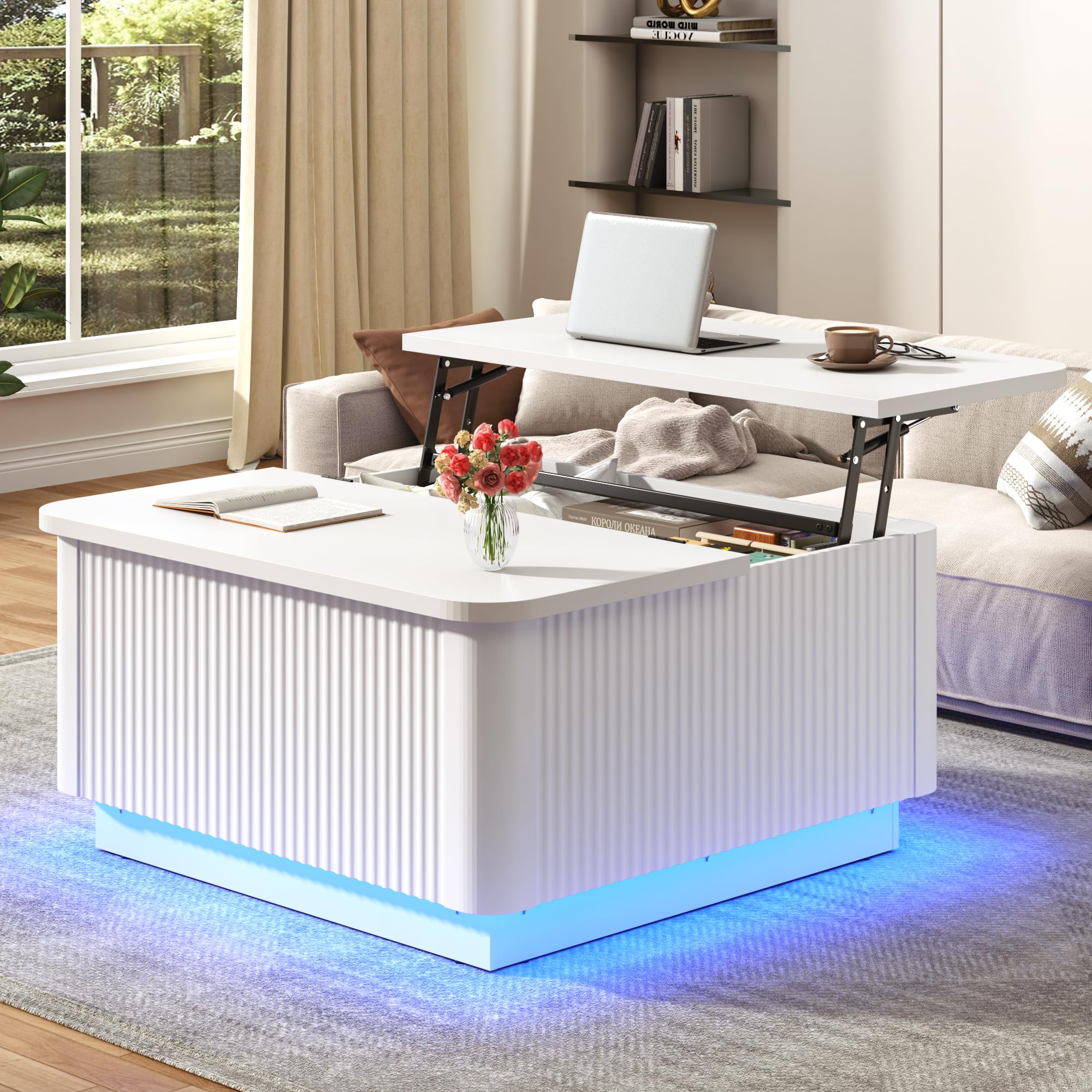 Blotout 35.4" Square Fluted Coffee Table with Lift Top and LED Lights, Wood Curved Design Center Table for Living Room, Modern Multi-Function Coffee Table with Large Hidden Space for Home,Office