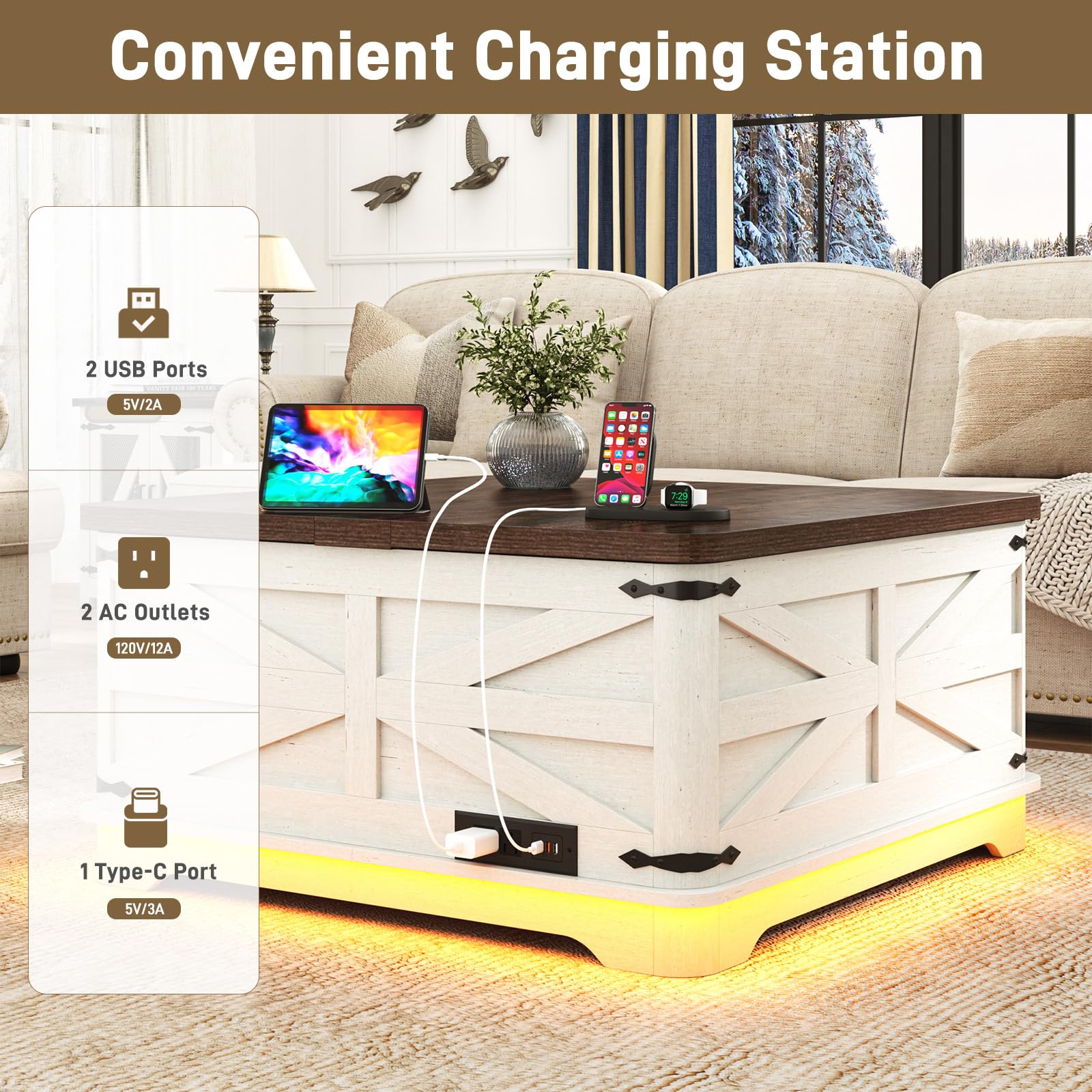 Blotout Farmhouse Lift Top Coffee Table with LED Light and Power Outlets, 36" Square Wood Living Room Storage Tables with Large Hidden Space, Lift Wooden Barn Door Center Table