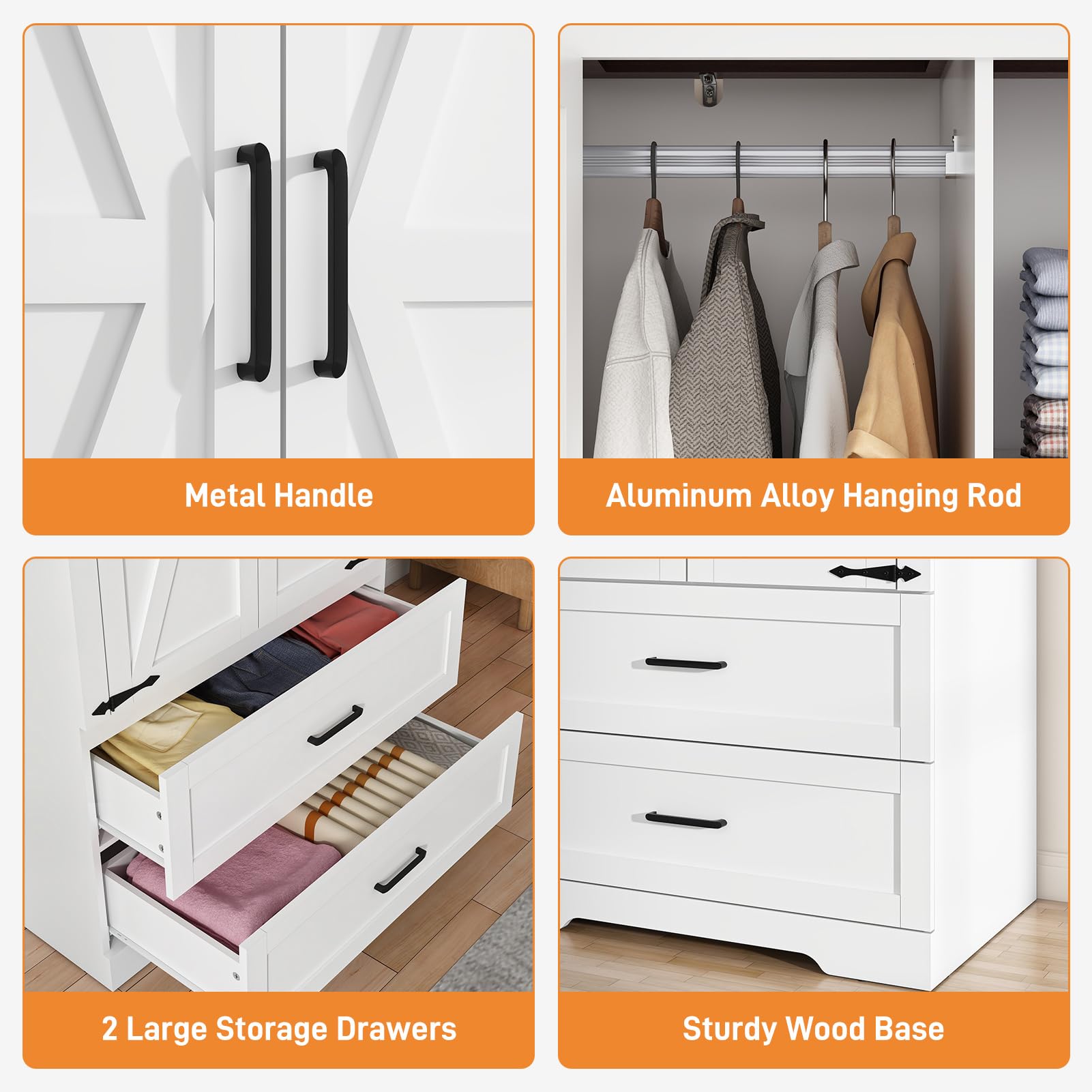 Blotout 2 Door Farmhouse Armoire Wardrobe Closet With 2 Drawers, 70" Tall Wooden Wardrobe Cabinet with Hanging Rod and Adjustable Shelves for Bedroom, White