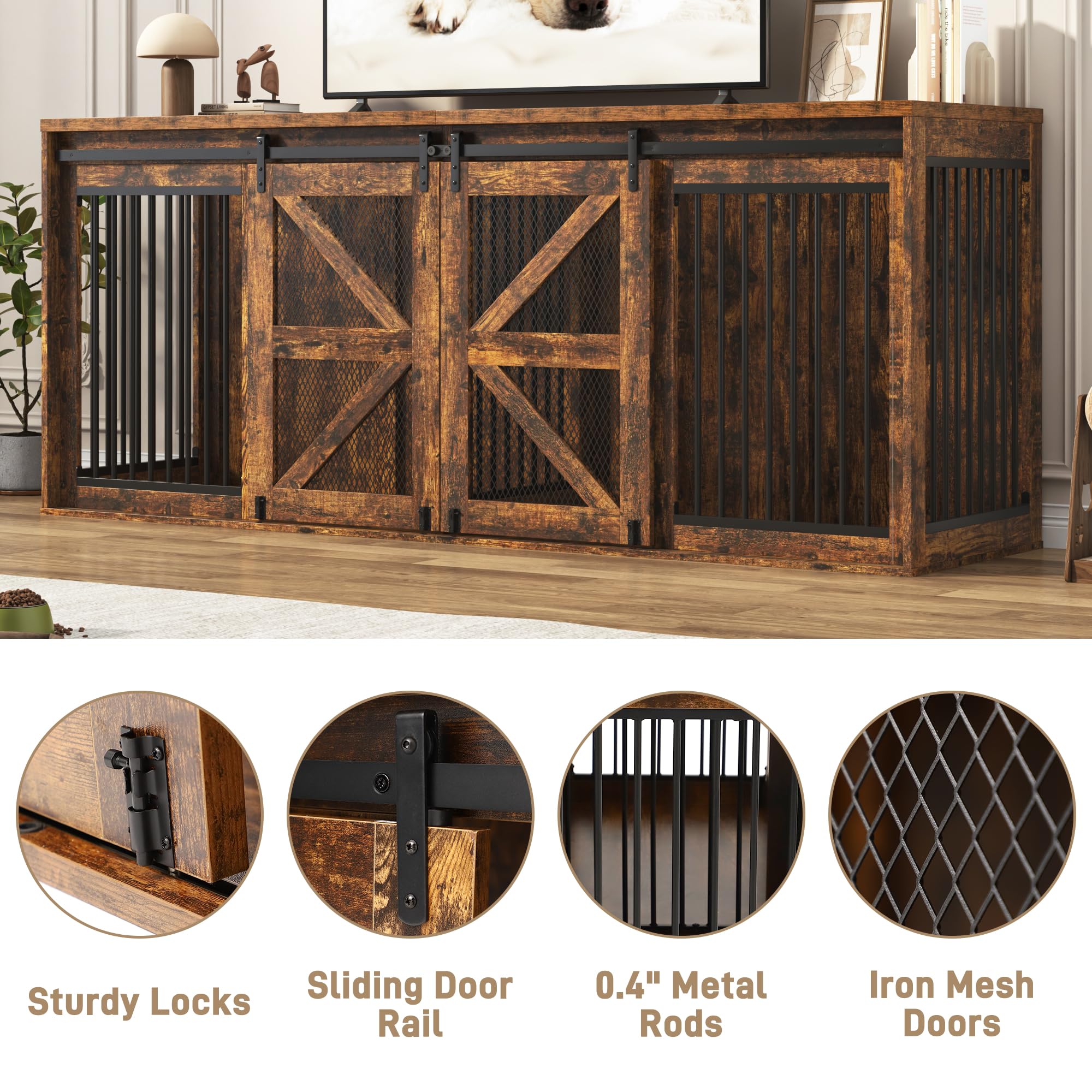 Blotout 87" Large Farmhouse Dog Crate TV Stand, Wooden Dog Crate Furniture with with Divider Panel/Sliding Metal Mesh Barn Door, XL-XXL Heavty Duty Dog Crates Furniture for 2 Medium or Large Dogs