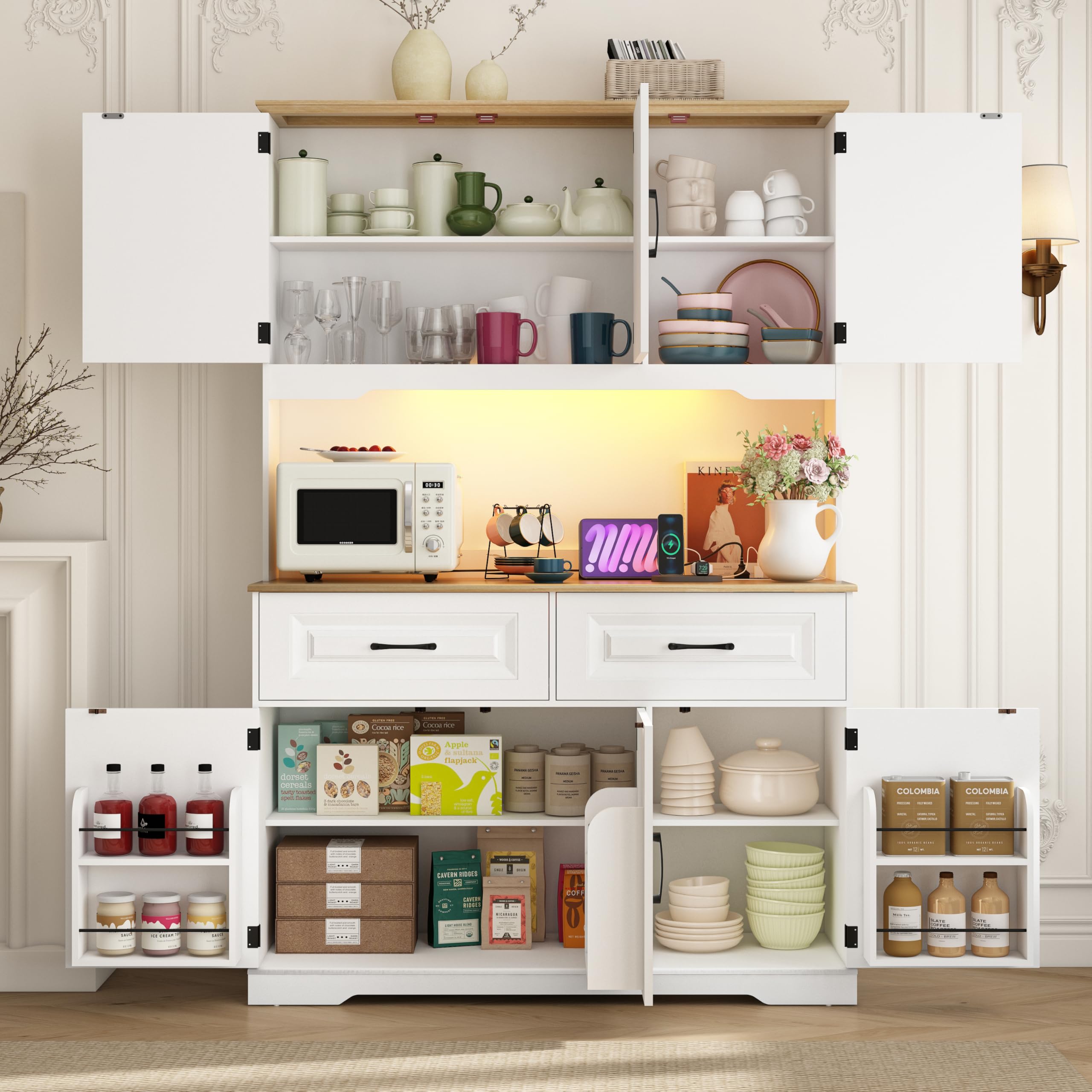 71" Tall Kitchen Pantry Cabinet with 6 Doors Shelves & Led Lights & Charge Station, 47" Wide Freestanding Farmhouse Cupboard with 2 Drawer,6 Doors Storage,Adjustable Shelves,Open Countertop, Black