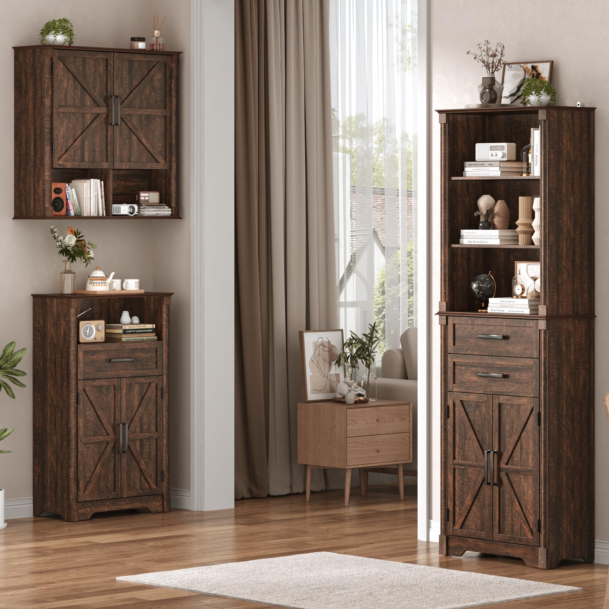 Farmhouse Wall Medicine Cabinets with 2 Barn Doors, Wood Bathroom Storage Cabinet with Roman Column Decor,Farmhouse Double Storage Cabinets with Adjustable Shelf & Door Cabinets, Rustic White