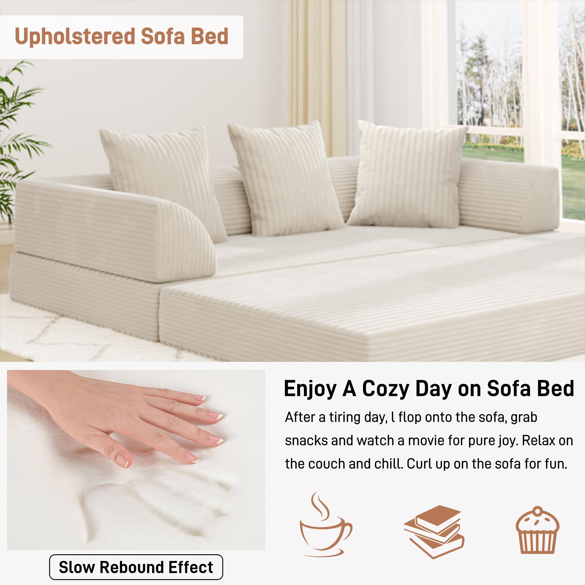 Blotout 5-in-1 Folding Convertible Sofa Bed with 3 Pillows, 79" Large Corduroy Boneless Couch with Armrest Pockets, Lounge Loveseat Sleeper with Pull Out Bed for Living Room Bedroom, Beige