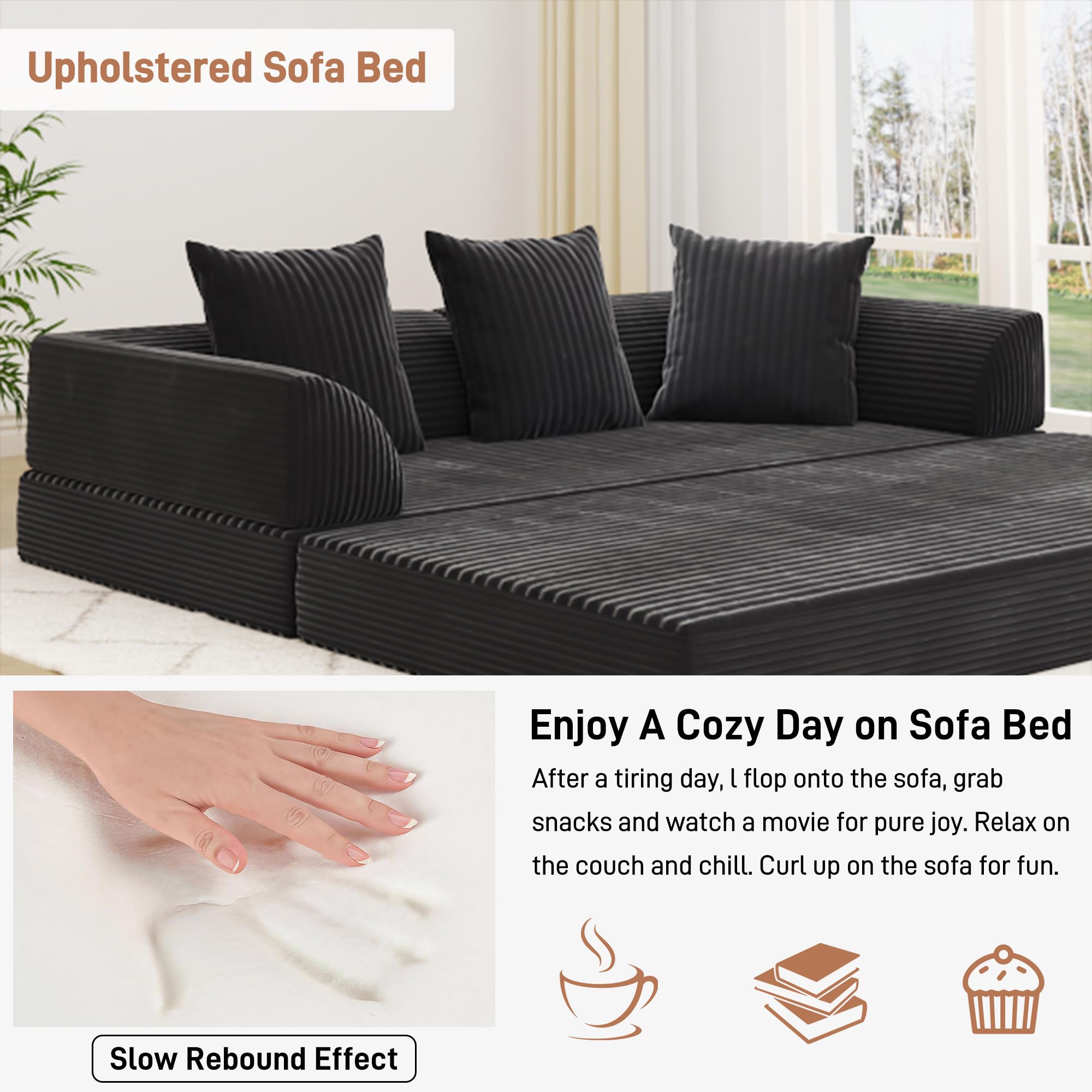 Blotout 5-in-1 Folding Convertible Sofa Bed with 3 Pillows, 79" Large Corduroy Boneless Couch with Armrest Pockets, Lounge Loveseat Sleeper with Pull Out Bed for Living Room Bedroom, Beige